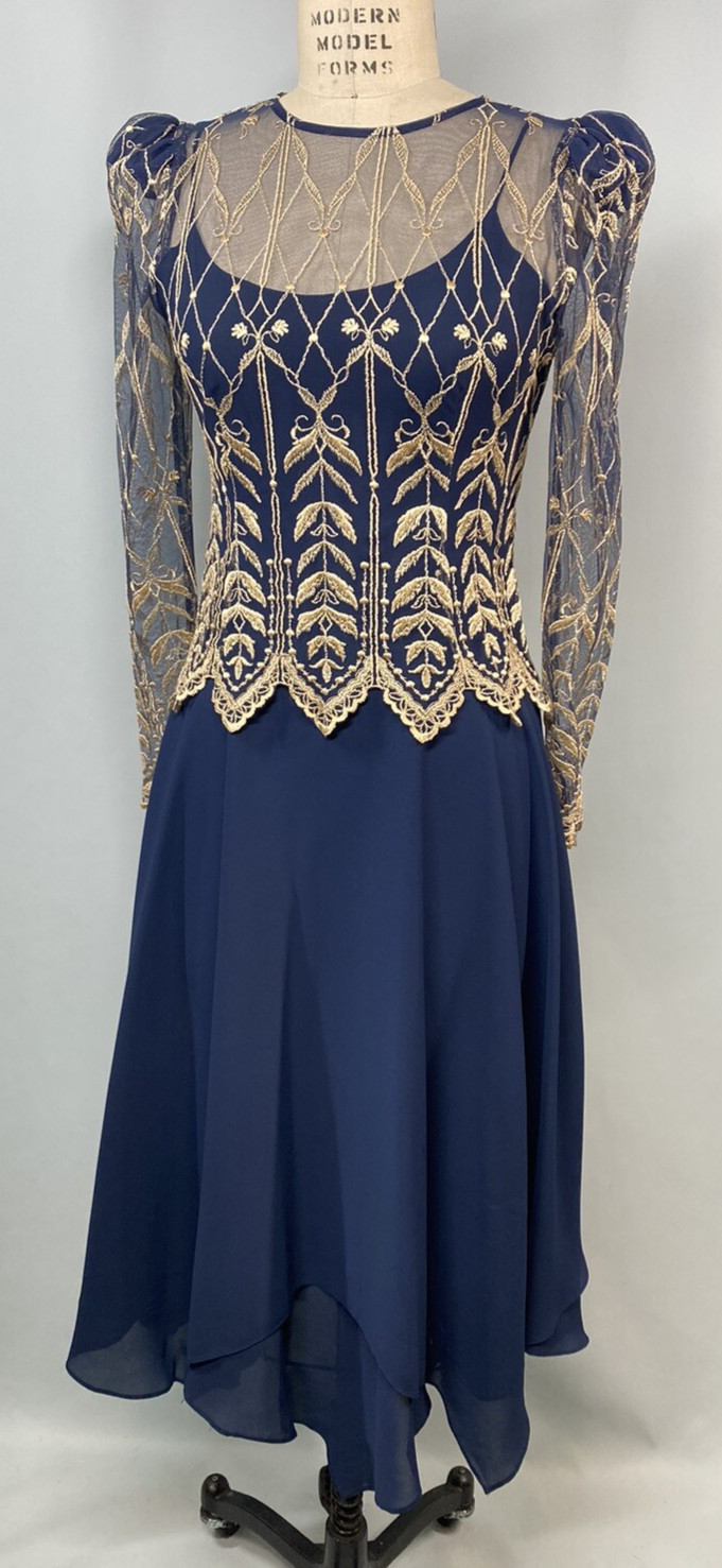 Vintage Dress SIZE SMALL 7 /8 navy blue gold CACHET lace 70s 80s 40s georgette
