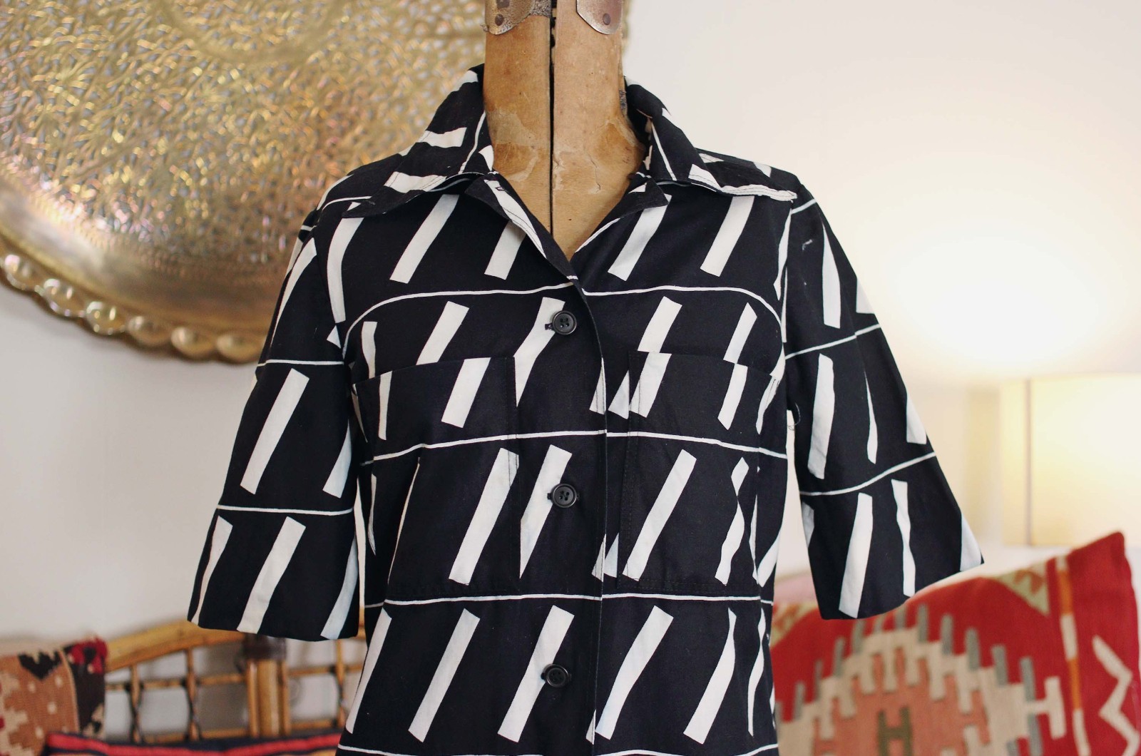 1970s MARIMEKKO Design Research Black White Print Collared shirtdress dress