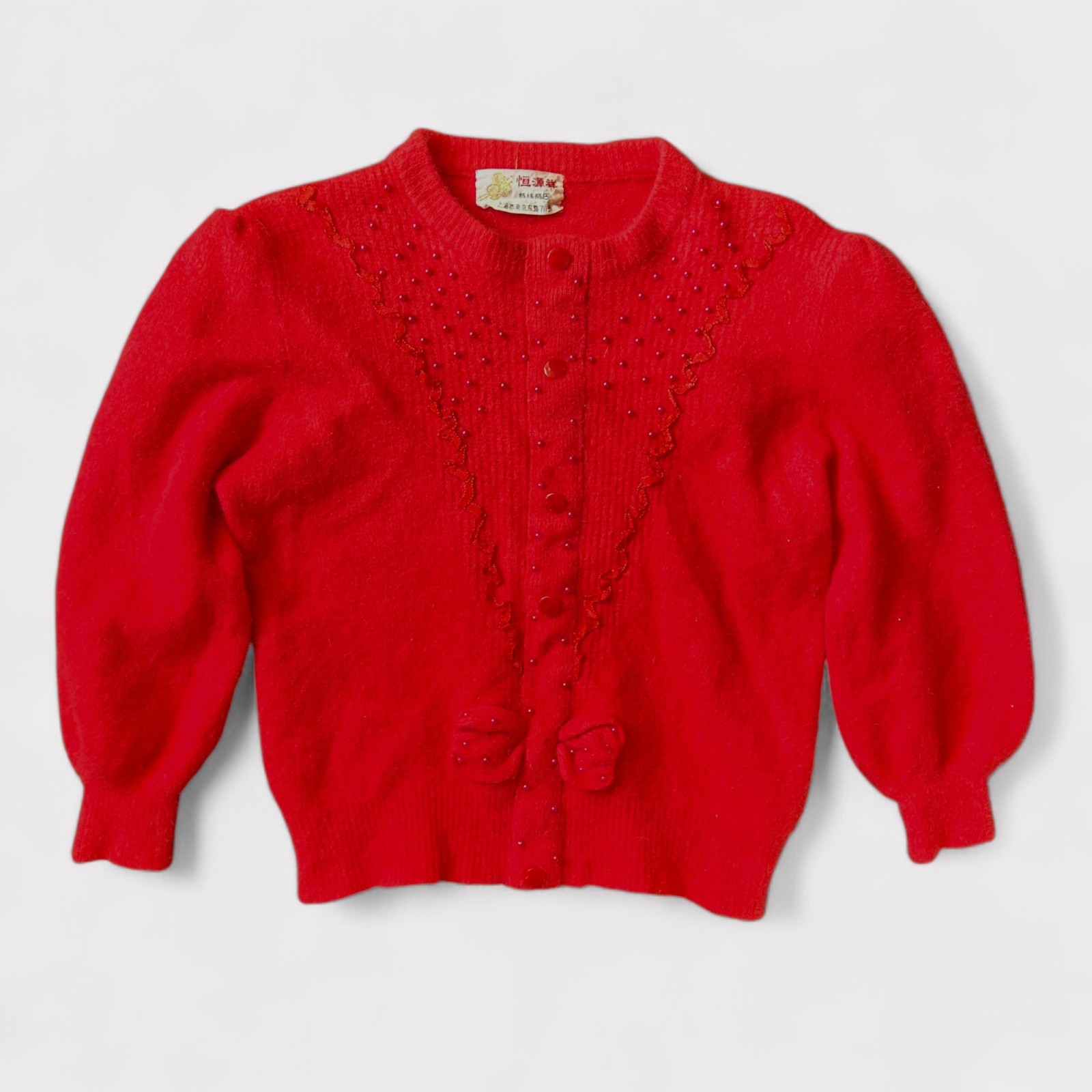 Vintage Red Angora Cardigan with Beads & Knit Bows Shanghai Small