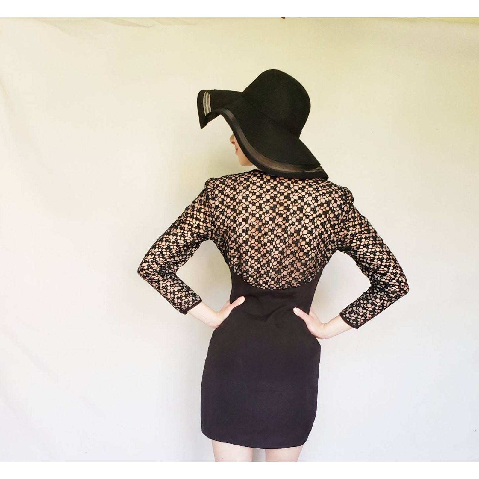 VTG 1980s Black Party Dress Crochet Lace Nude Illusion Kathryn Dianos Zip Front