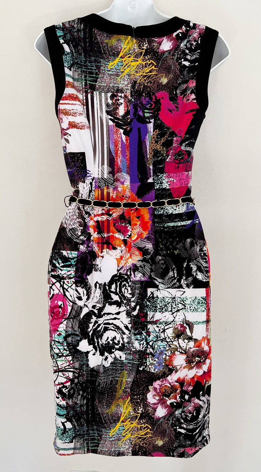 CACHE Dress 2 Colorful Floral Sleeveless Stretch Chain Belt Career Office Siren