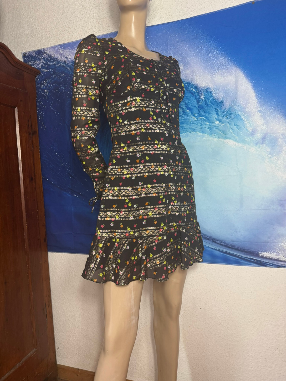 70s Vintage Dress Mini Dress Black Multicolor Floral Silver Lurex Falben ABBA XS