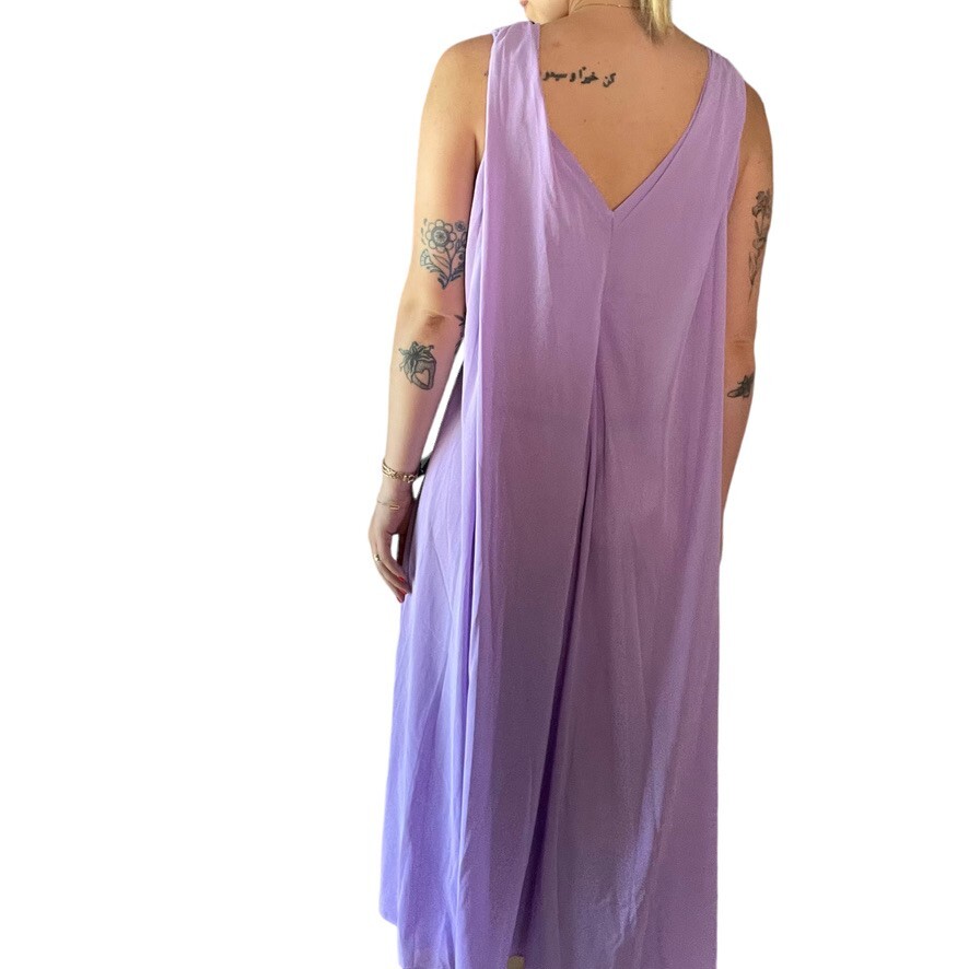 Vintage 1970s Womens Lavender V Neck Retro Disco Mid Mod Maxi Dress Sz M
