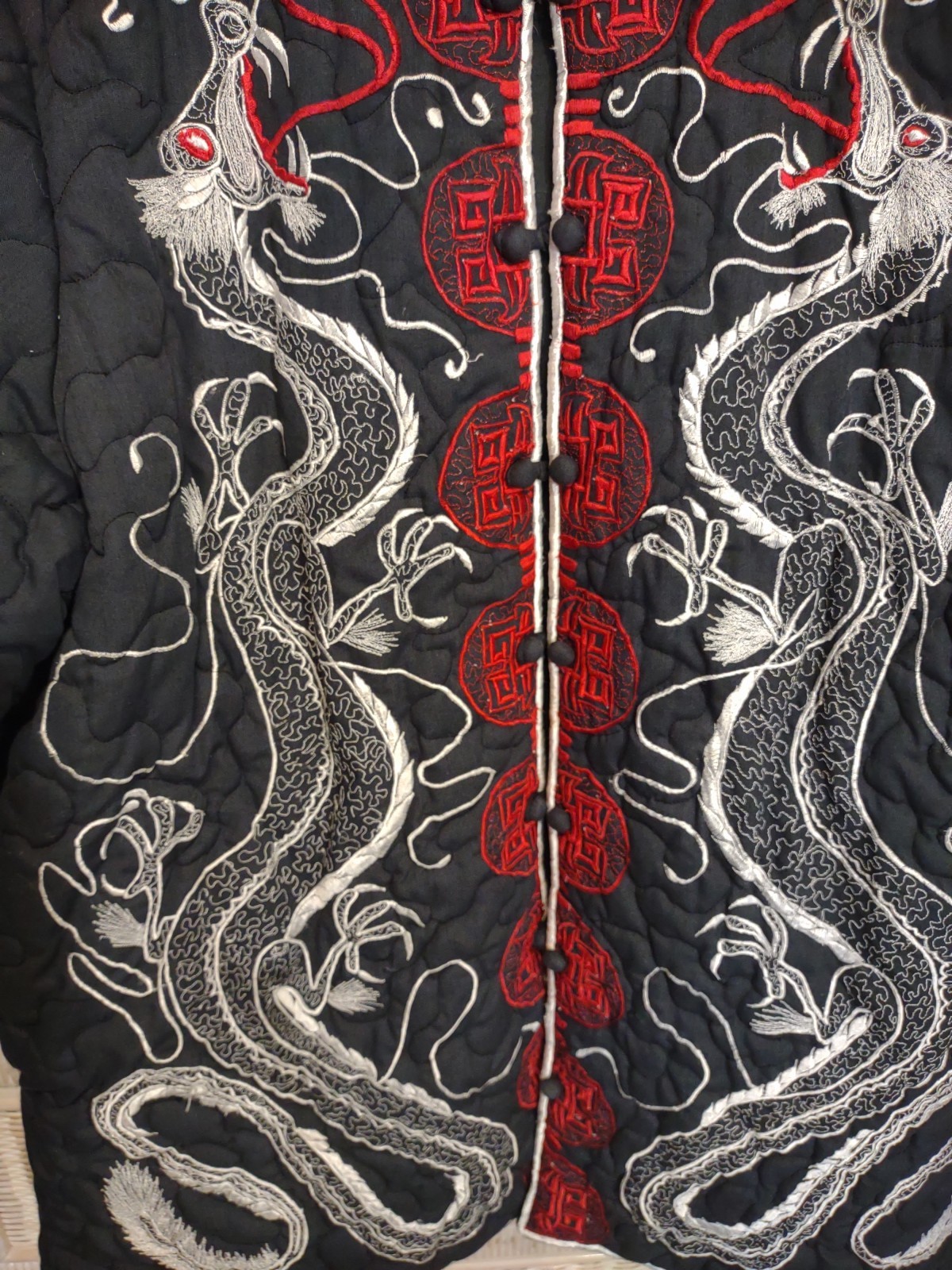 Oriental Mandarin Dragons Embroidery Quilted Cotton Blend Jacket Black L