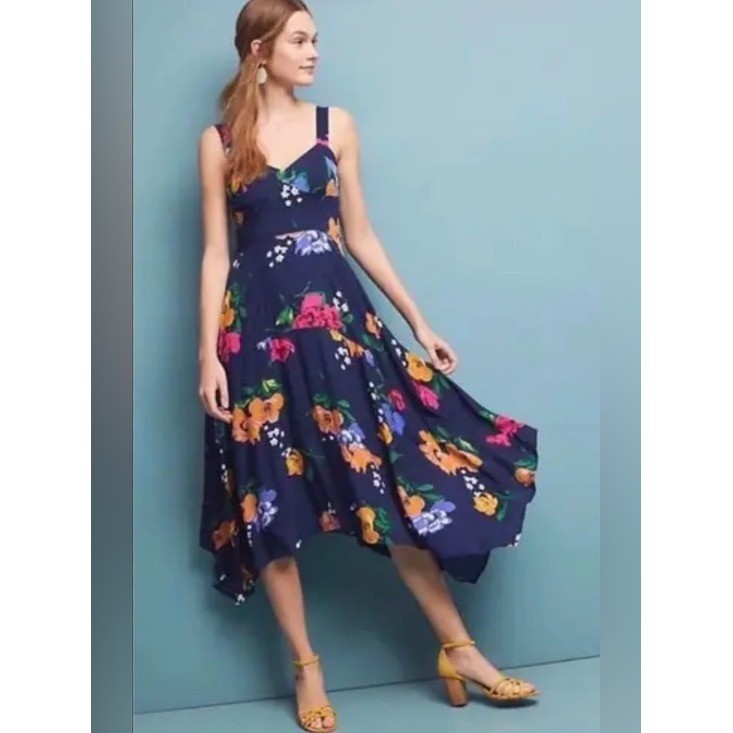 Maeve Anthropologie Vivienne Midi Dress Women’s 14 Black Floral Handkerchief Hem