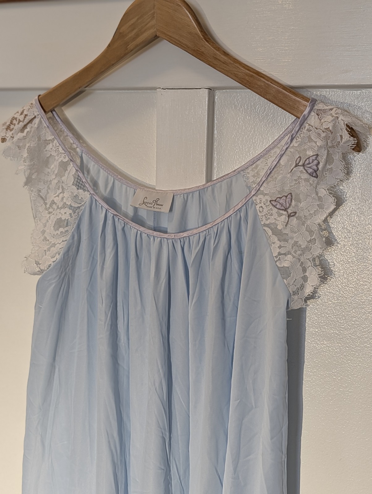 Vtg Lucie Ann Blue Lace Nightgown Cottagecore Embroidered USA Original New
