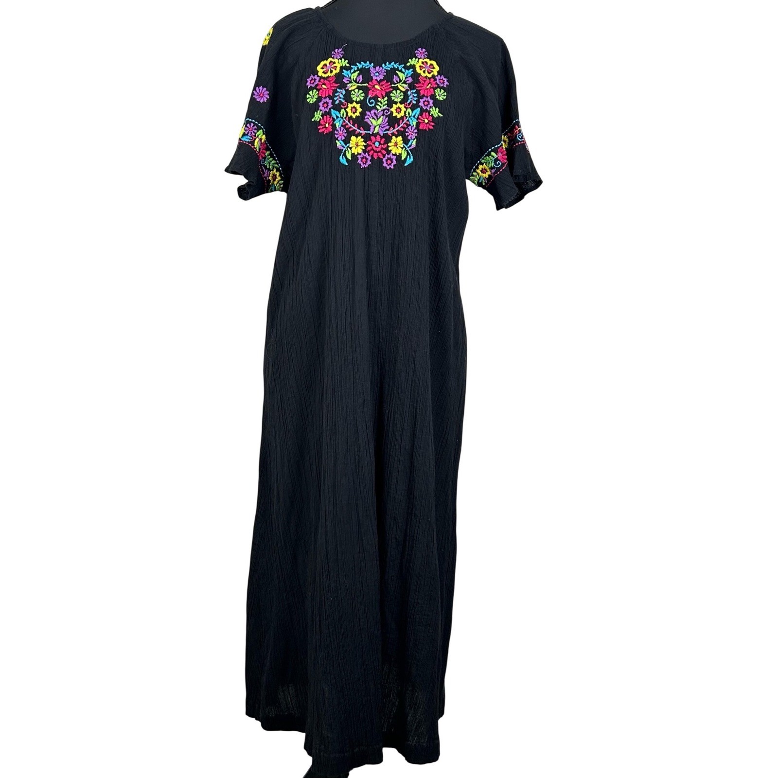 Vintage Go Softly Patio Dress Black Embroidered Floral Maxi Small Boho Cottage