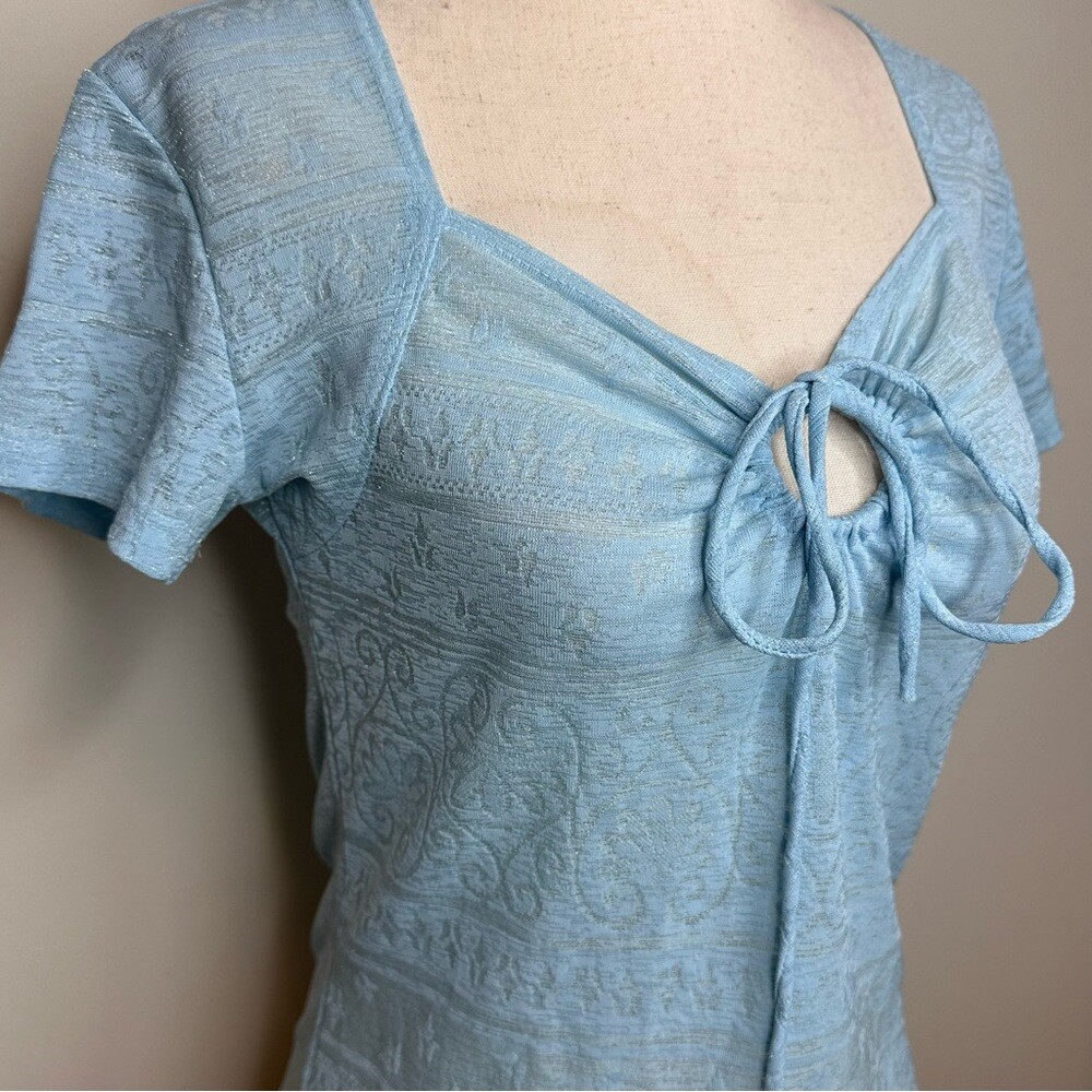 Vintage Y2K Baby Blue Metallic Tie Neckline Top Size Medium
