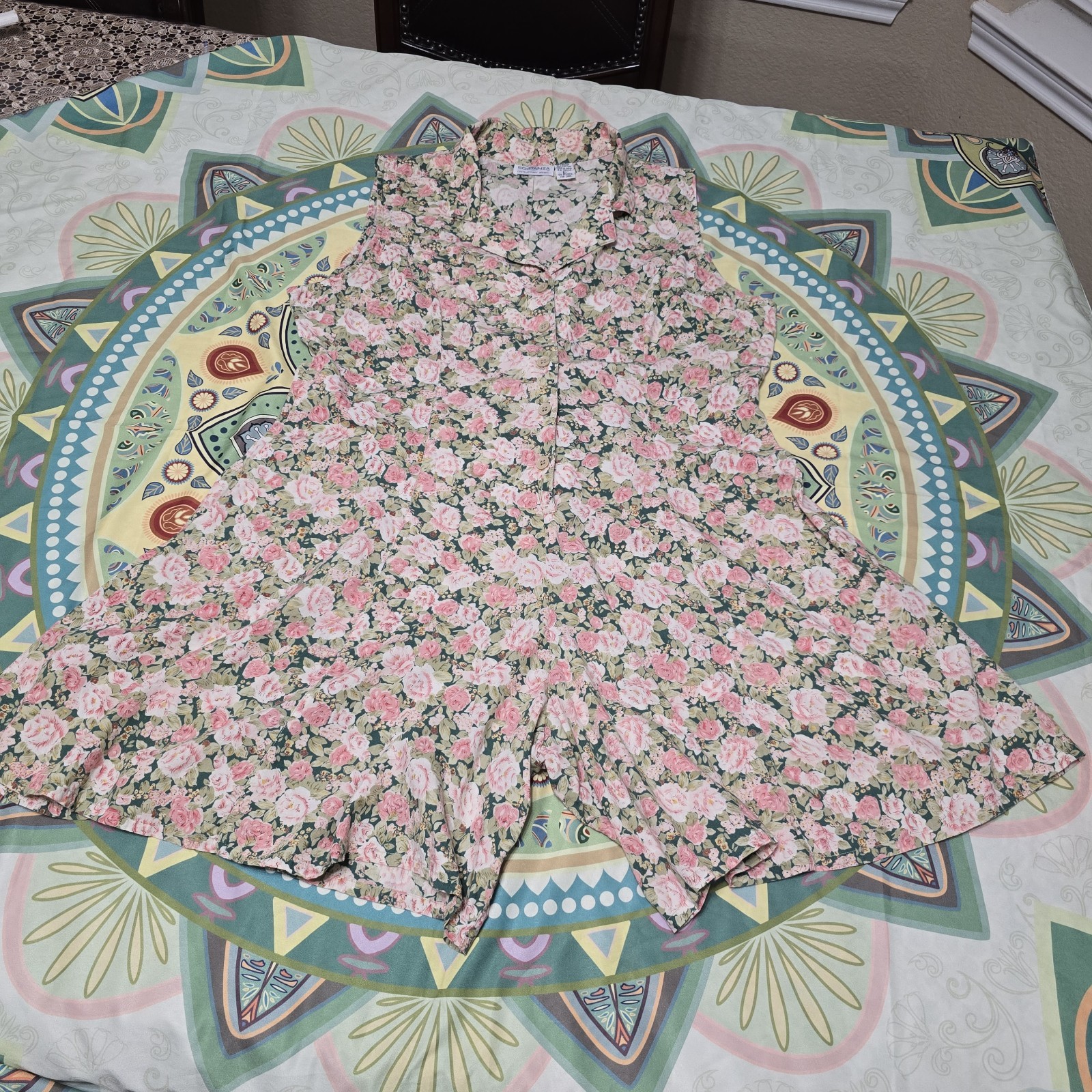 Sostanza Floral Sleeveless Playsuit Large Pink Green Cream Rayon Cotton