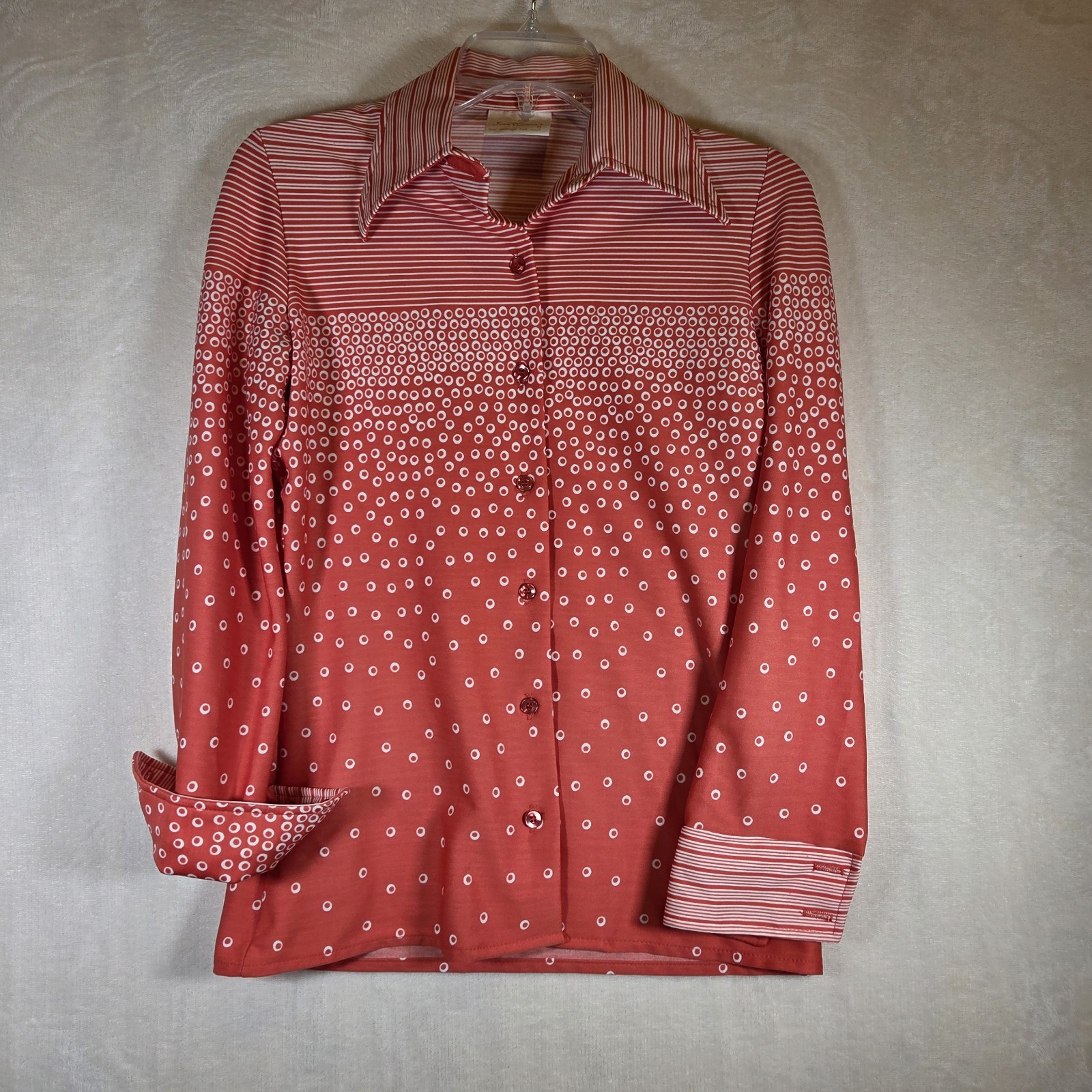VTG 70s Jantzen Geometric Dots & Stripes Shirt Womens 8 Orange Polyester Disco