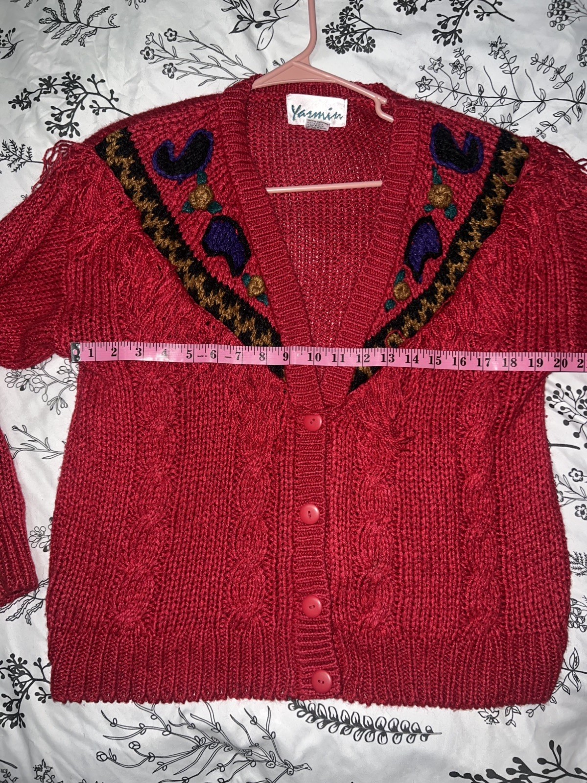 Vintage 80s Yasmin Fringe Ramie Cardigan Red Cable Knit Southwestern L