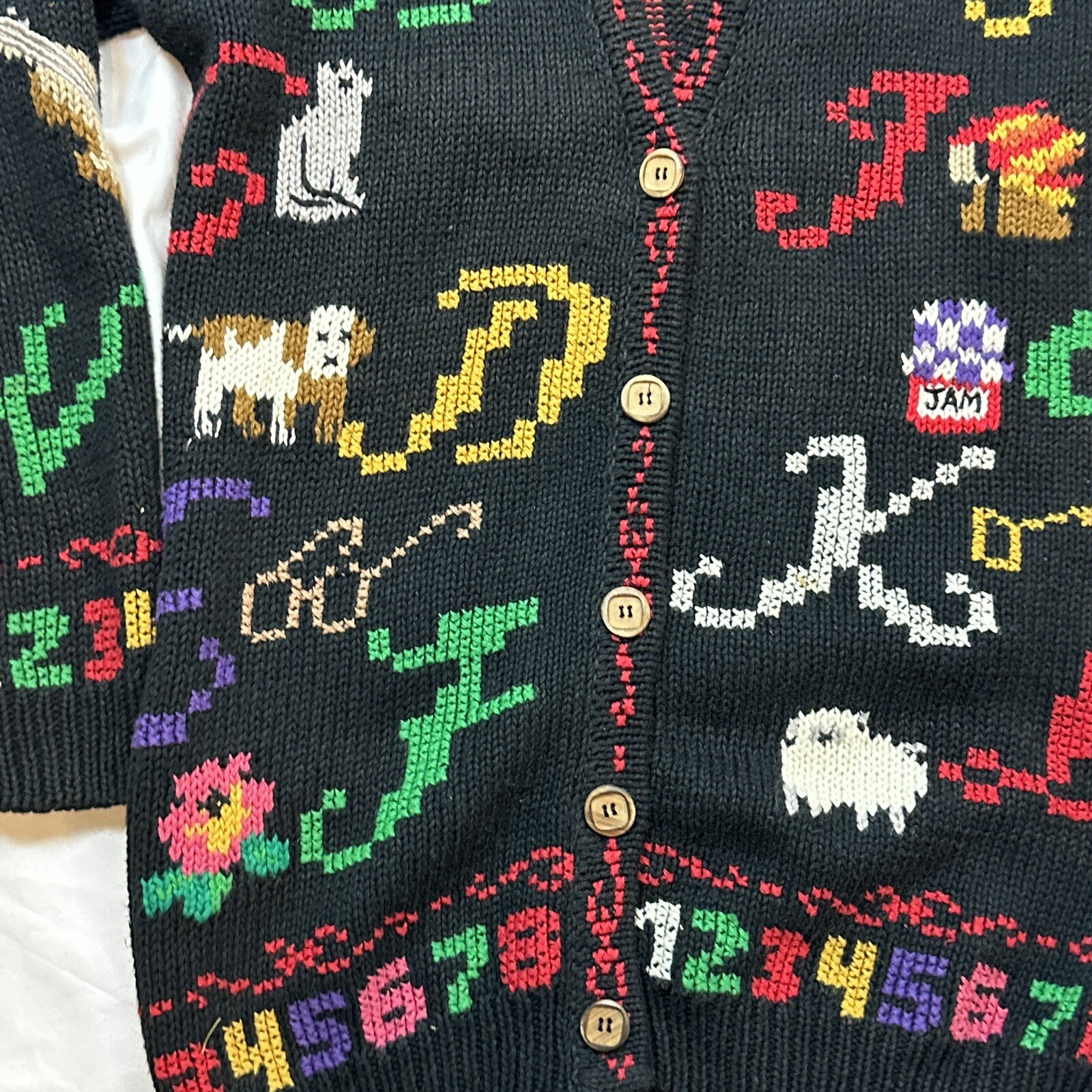 Vintage DESIGN OPTIONS Knitwear Cardigan Sweater Alphabet And Numbers Sz. Small