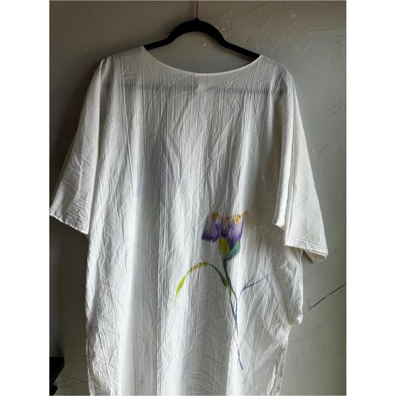 Vintage Hand Painted Iris Cover Up Tunic Boho Artwear Coastal Grandma One Size