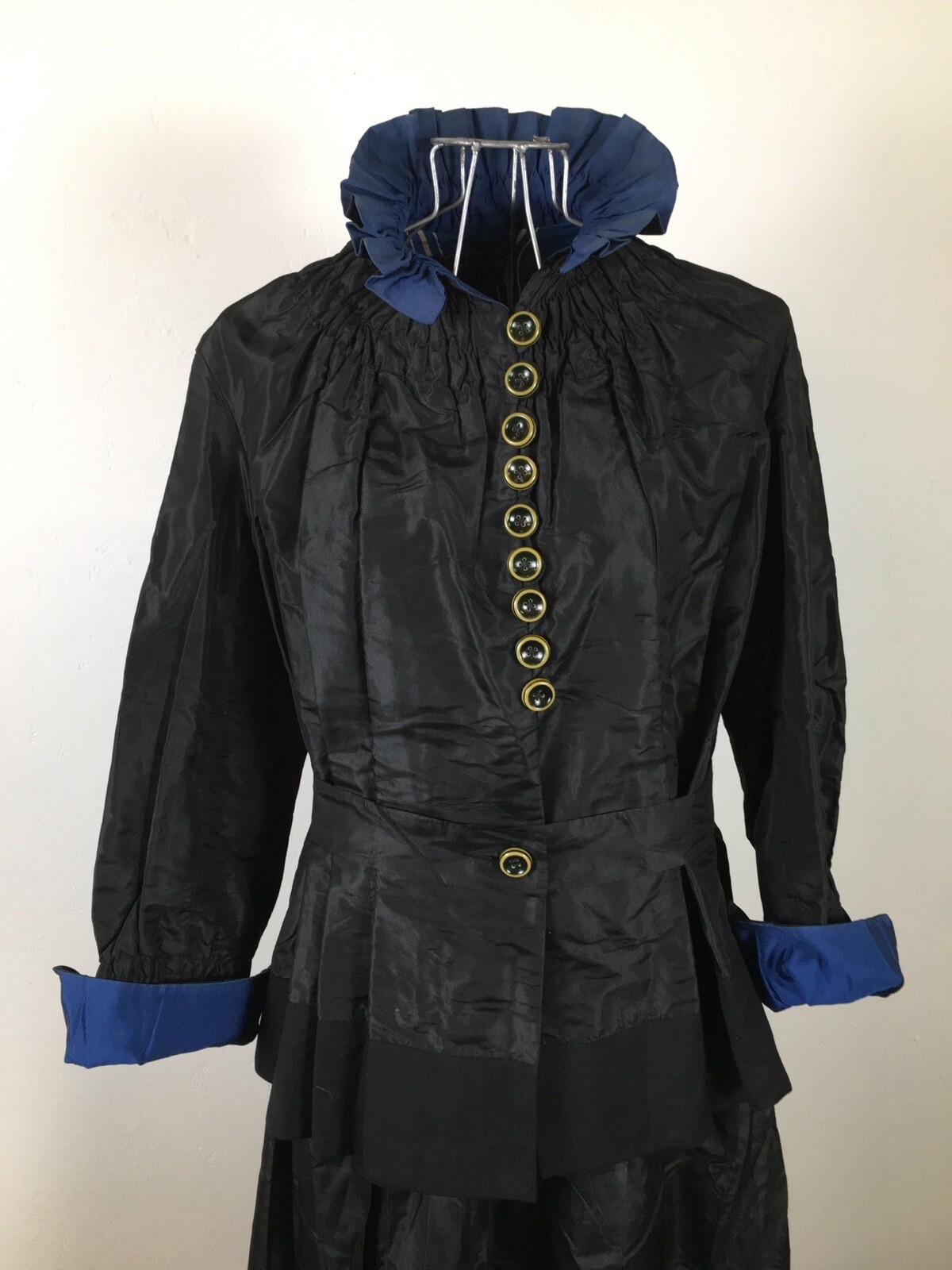 Exquisite Antique Edwardian Black & Blue Silk Walking Skirt Suit
