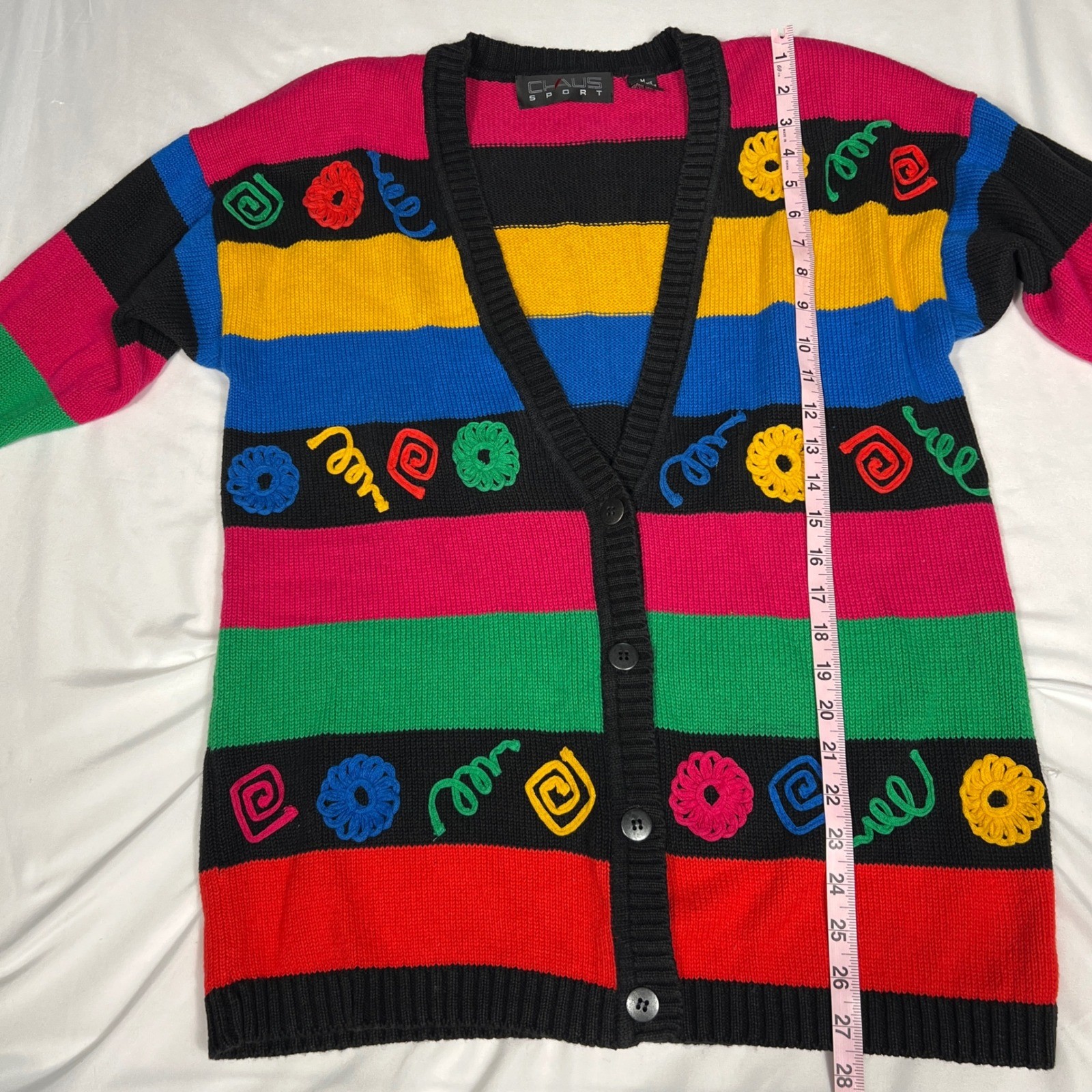 Chaus Sport Vintage Multi-Color Striped Embroidered Cardigan Sweater Womens M