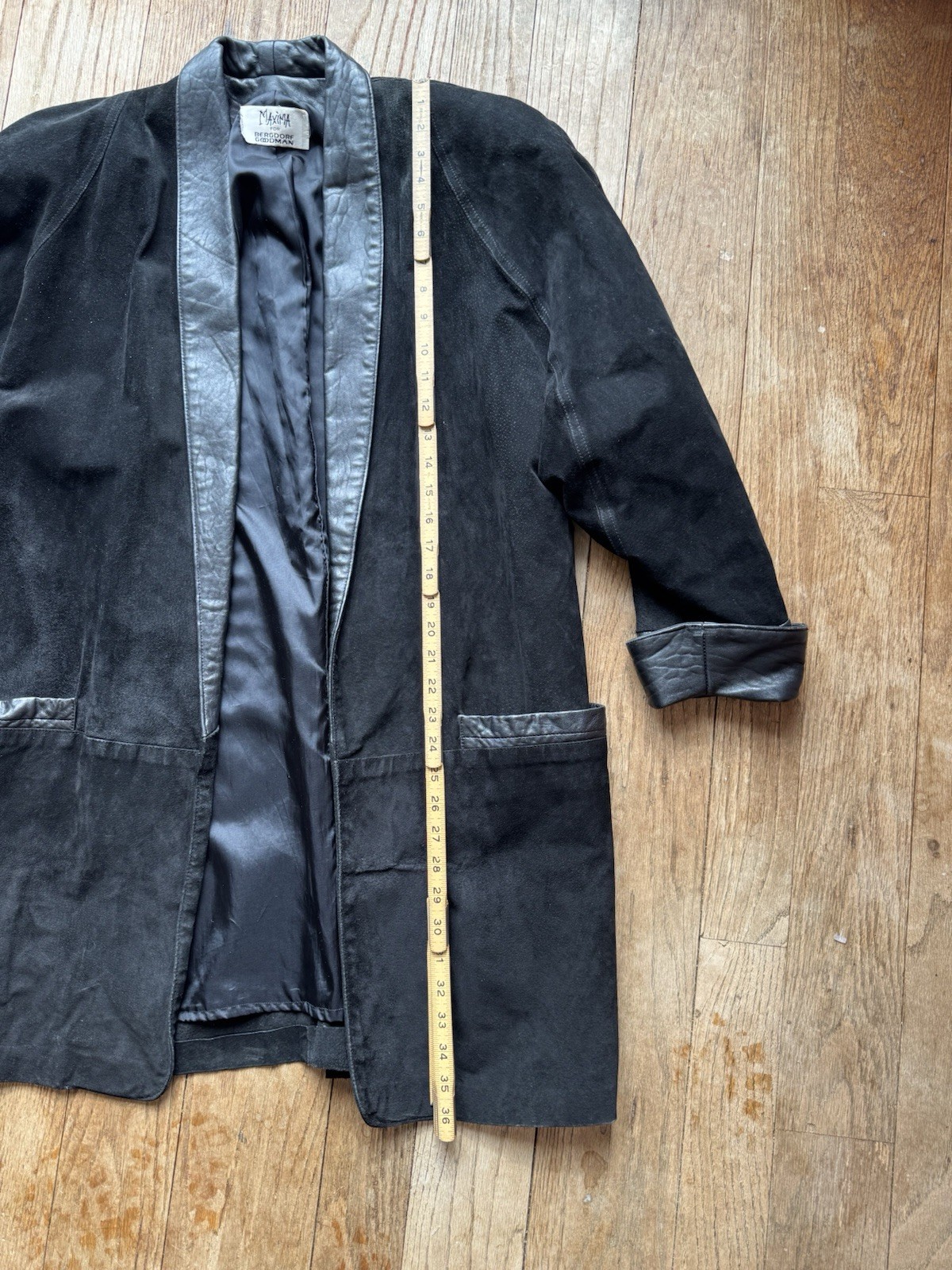 Vintage Maxima for Bergdorf Goodman NYC Black Leather Suede Kimono Trench Coat M