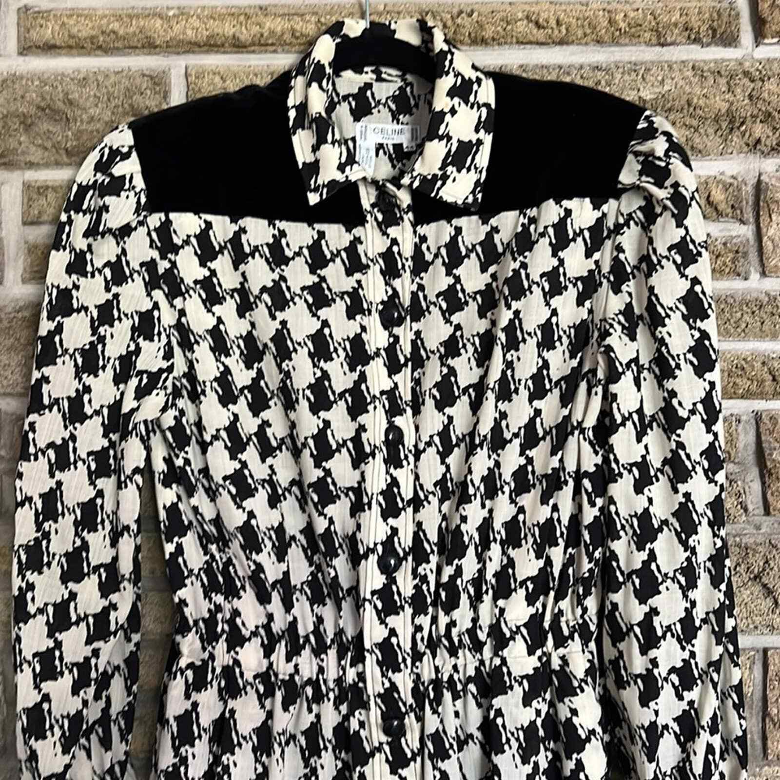 Vintage Celine Paris 80’s Houndstooth Puff Sleeve Dress Classic Designer