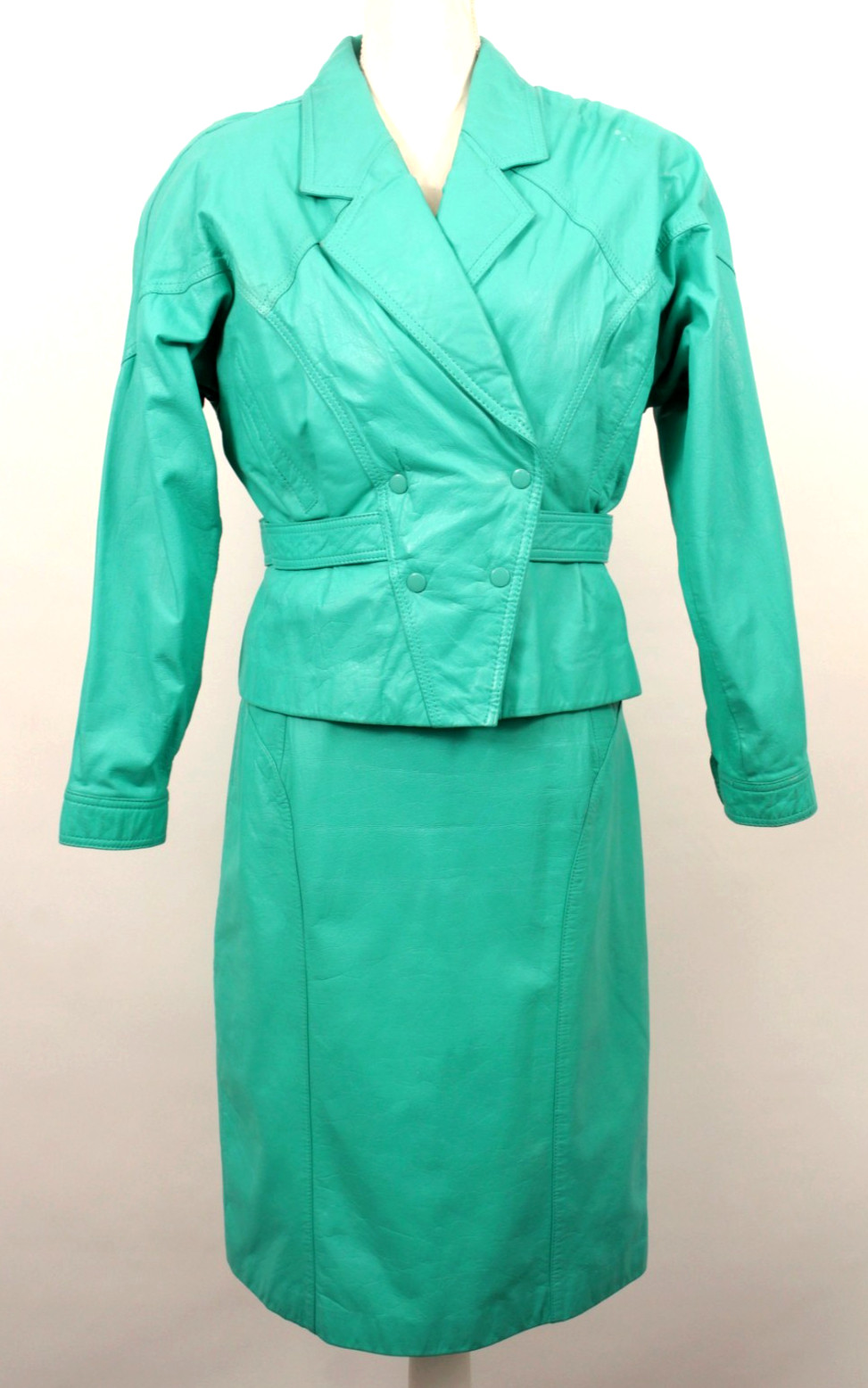VTG Women’s 80s 90s Chia Turquoise Leather 2 PC Outfit / Jacket & Skirt Set
