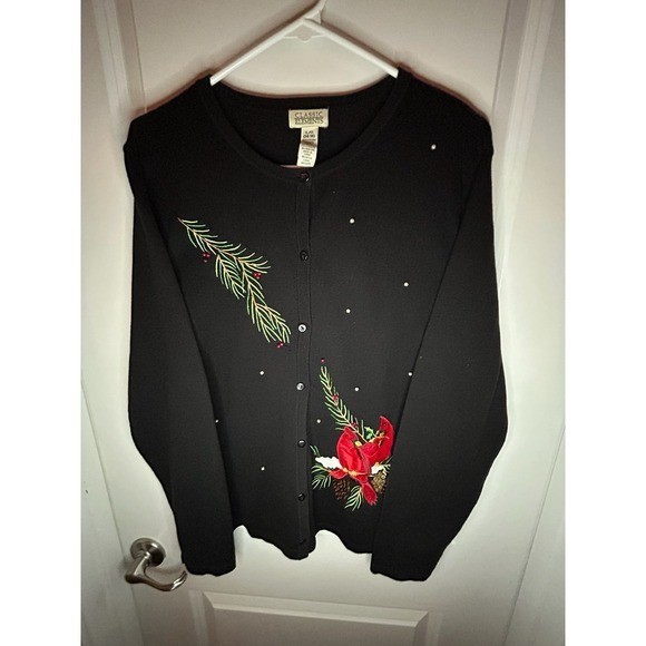 Vintage 90’s Classic Elements Cardinal Birds Embroidered Pearls Cardigan Sweater