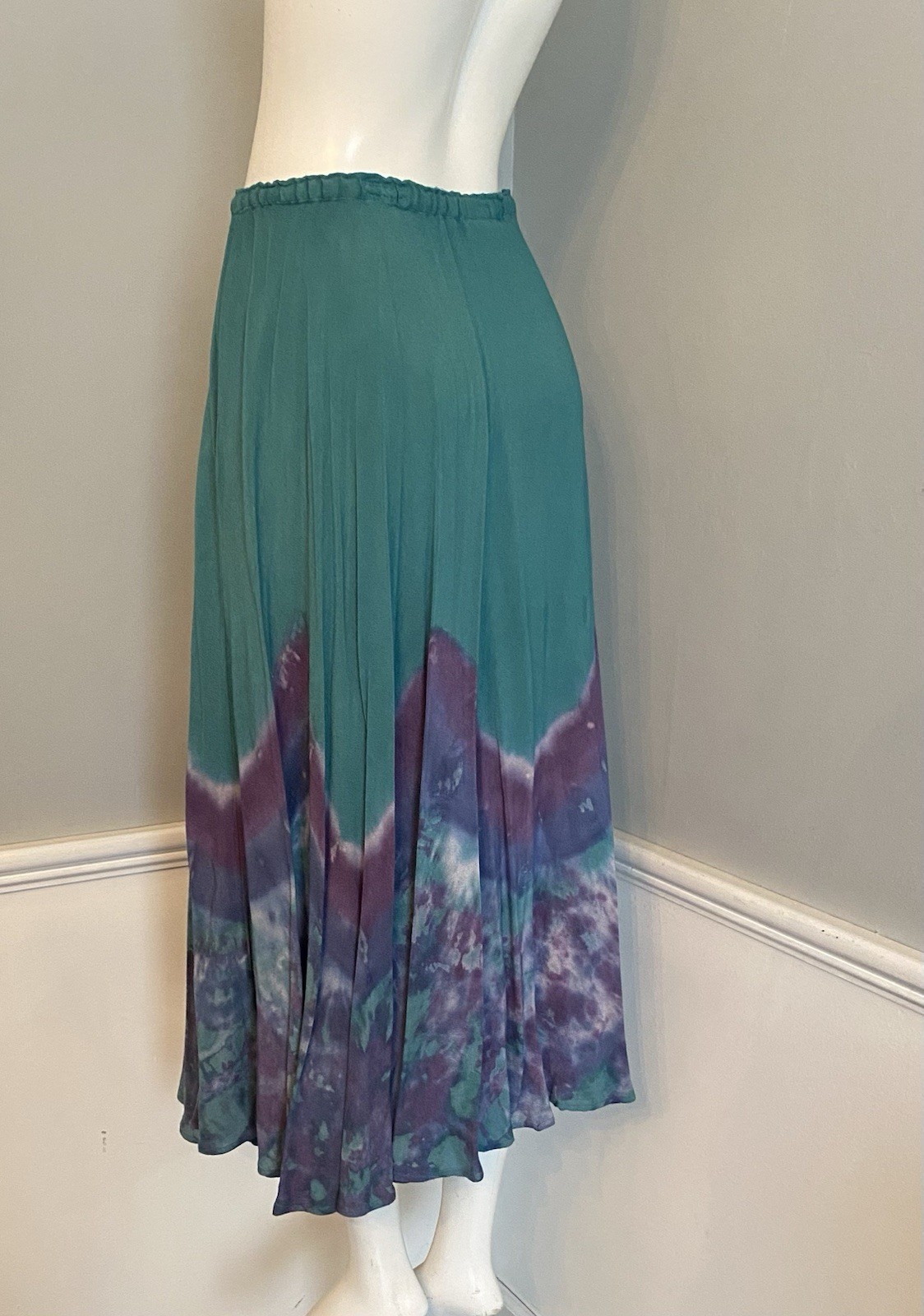 Vintage Tie Dye Midi Skirt Size M Teal Blue Purple Made USA Festival Boho Hippie