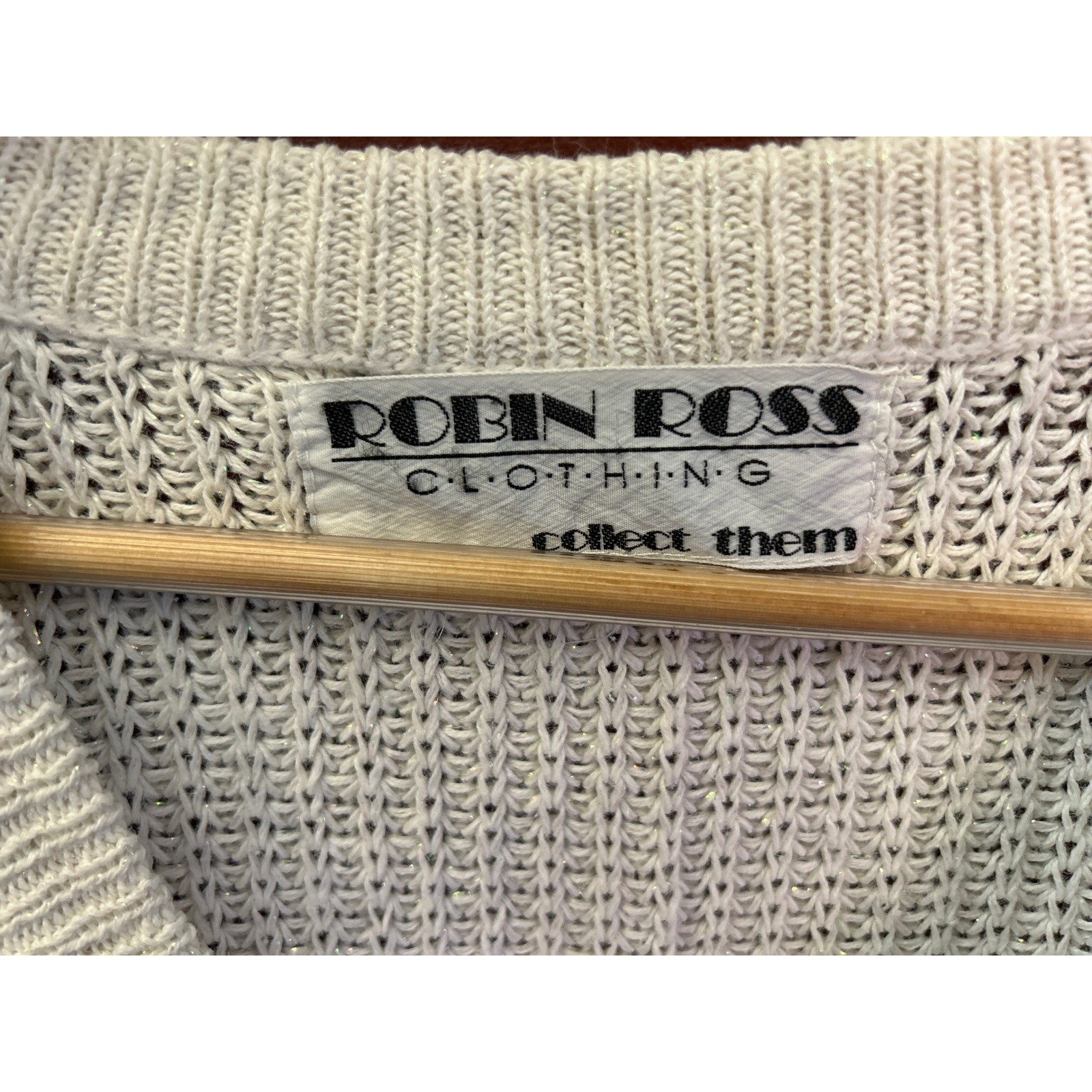 Vintage Robin Ross Sweater V-Neck Metallic Shimmer Cream Knit Raglan 80s Style