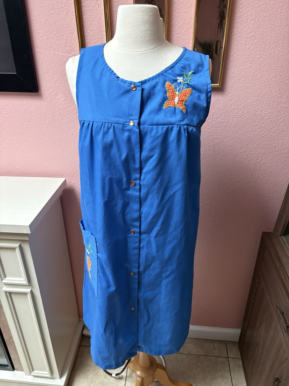1960s Blue House Dress w/ Orange Butterfly Patch by It’s A Charm | Size S