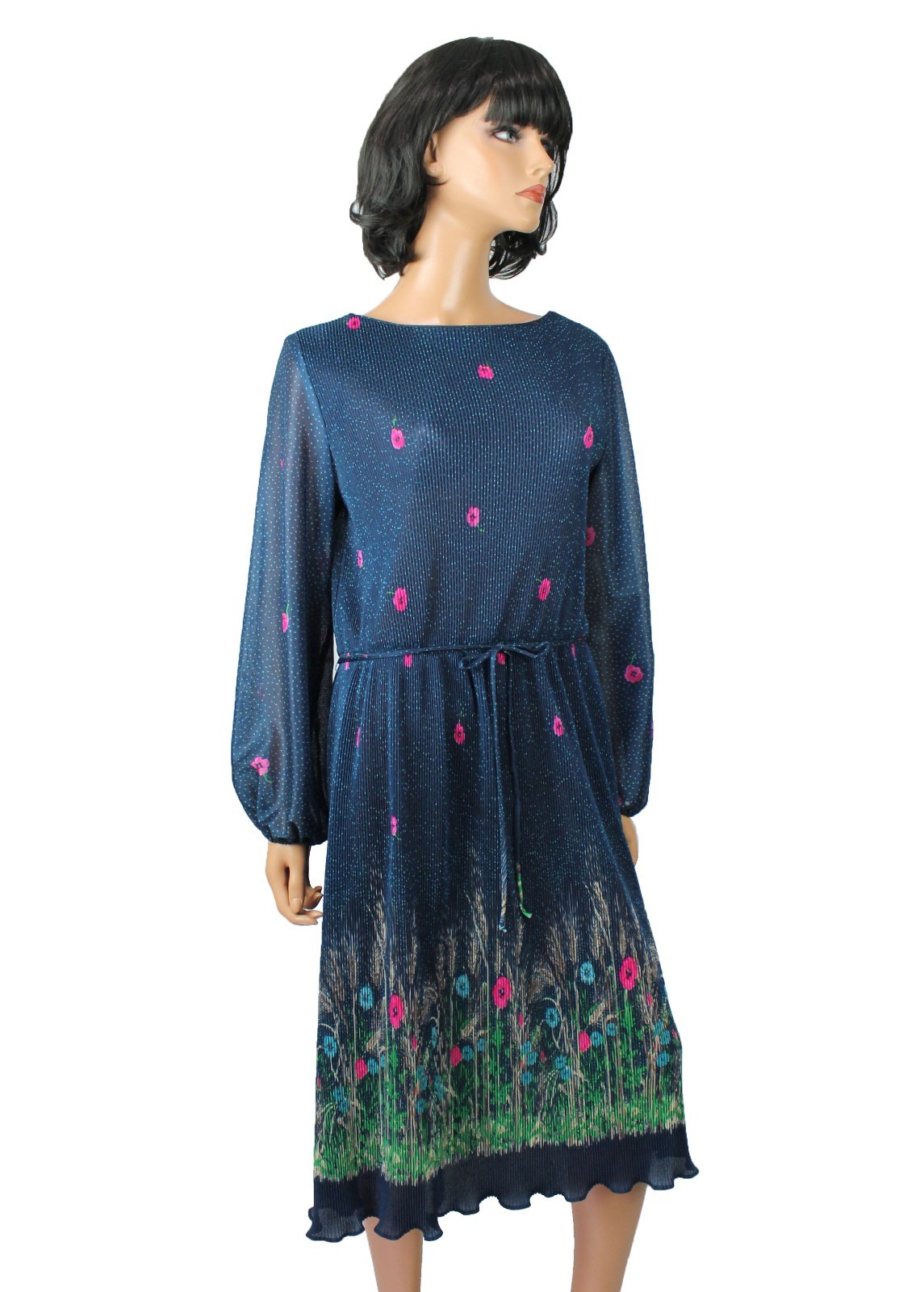 80s Secretary Dress Sz 16 L Vintage Semi Sheer Pleated Blue Pink Green Floral