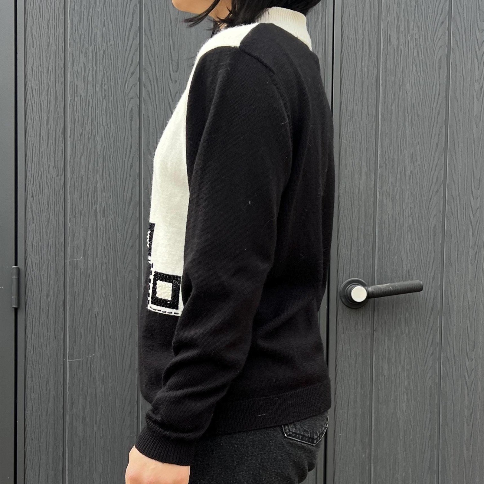 Vintage Black White Graphic Sweater 80s 90s Colorblock Sequin Knit Pullover Med