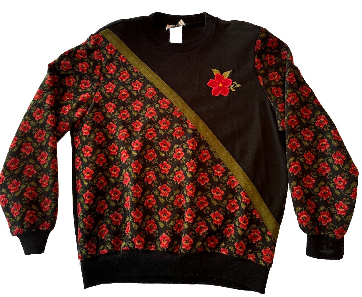 Vintage 80’s – 90’s Cricket Lane Floral Top Size Med – Cottage Granny Black Red