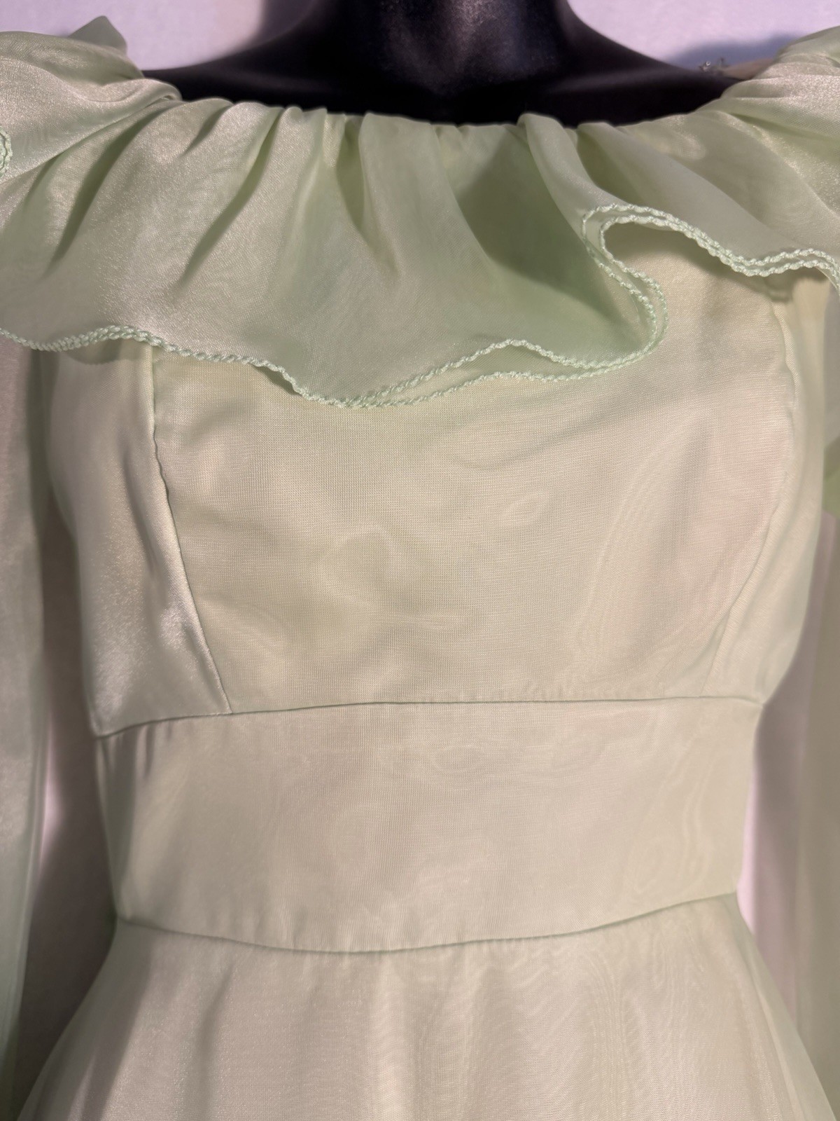 Vtg Mint Green Puffy Long Sleeve Maxi Cottagecore Prairie Ruffles Rare Dress