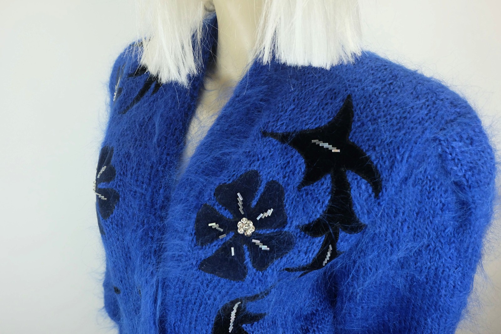 Cardigan cardigan 1980s vintage 100% mohair appliqués beads size M