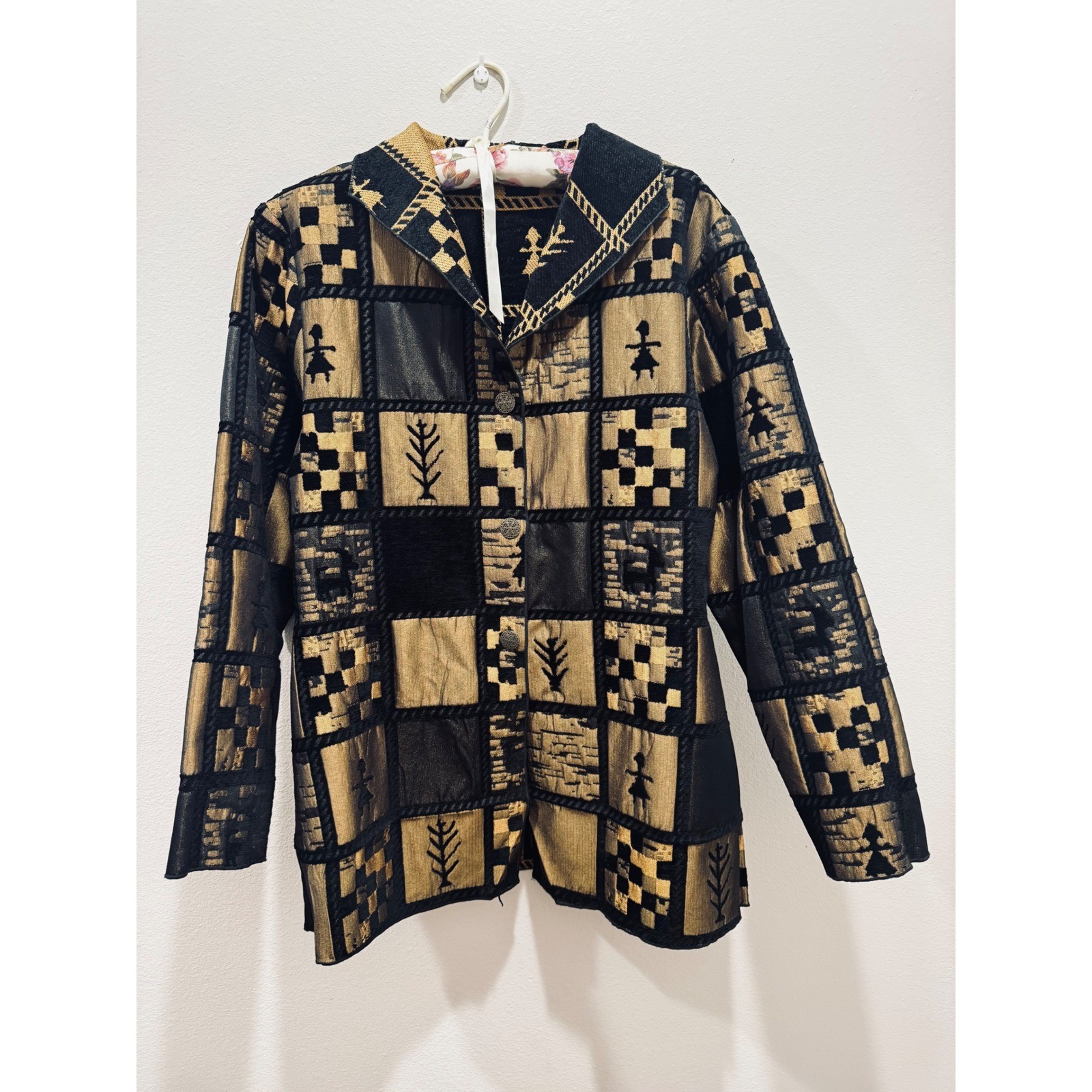 Moray California Vintage Chenille Tapestry Jacket Black Gold Patchwork Womens M