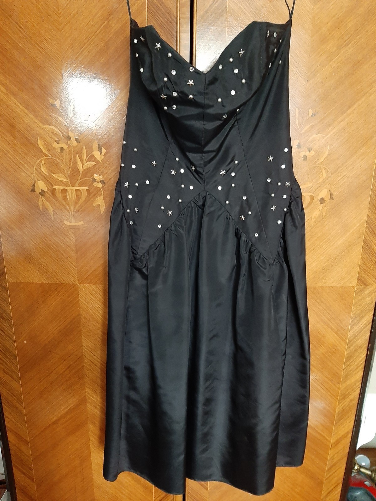 RARE Vintage 80s Black Taffeta Like Strapless Dress 34″ Bust W 29″ HOLLYWOOD