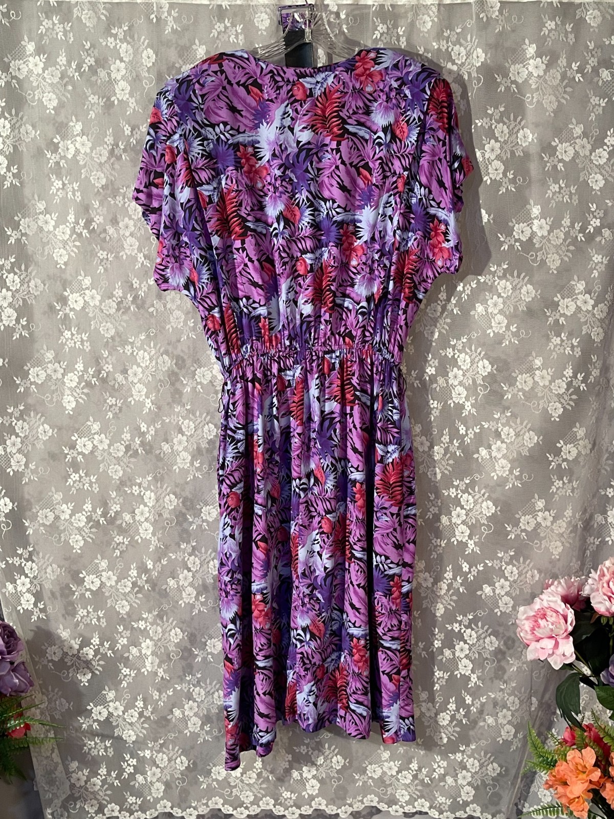 Vintage 80s Purple Dress Size XL 1980s Retro Tropical Floral Rayon Shirt Waist