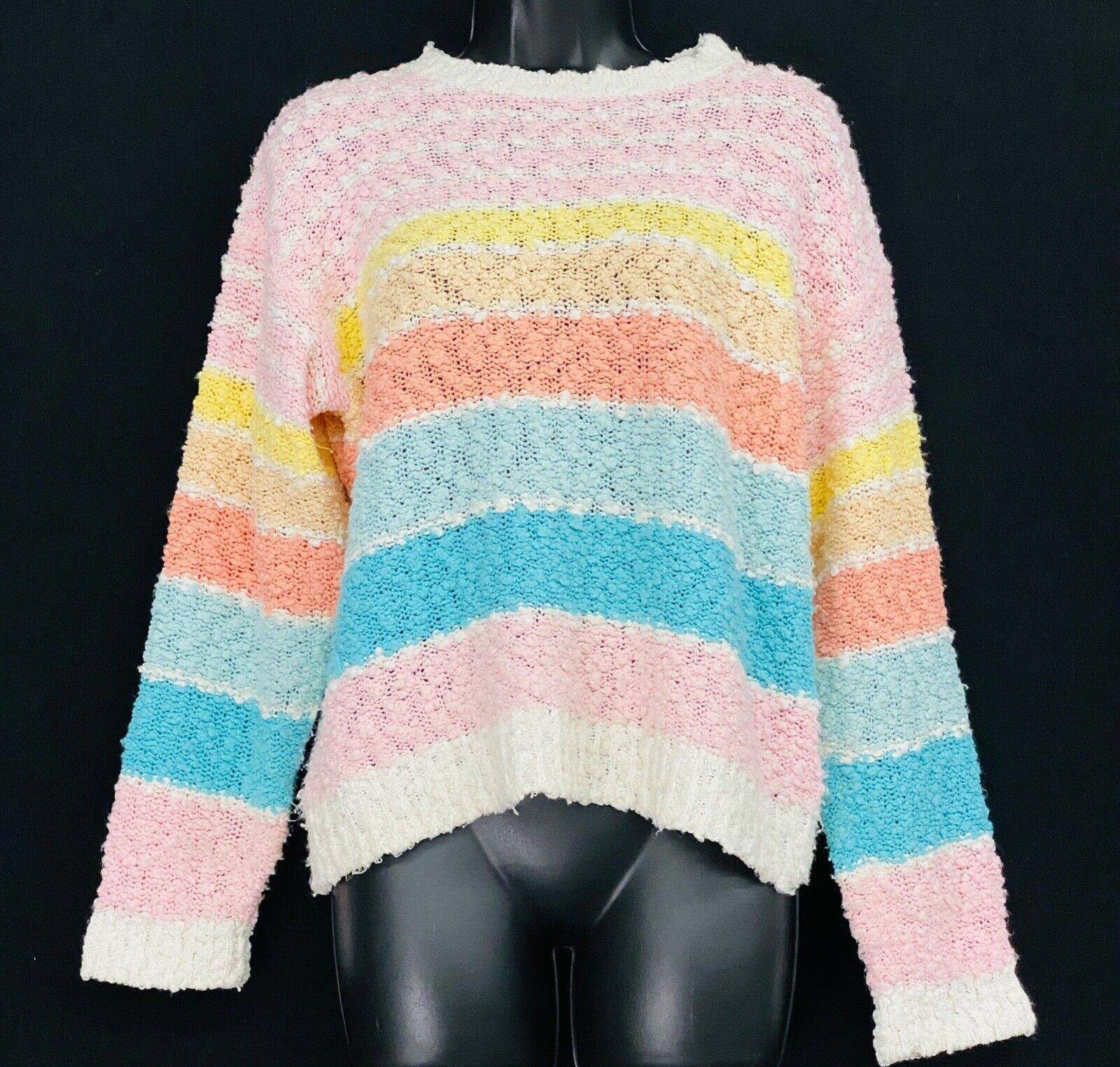 Vintage 1980s pastel stripes sweater, colorful color block knit top oversized M