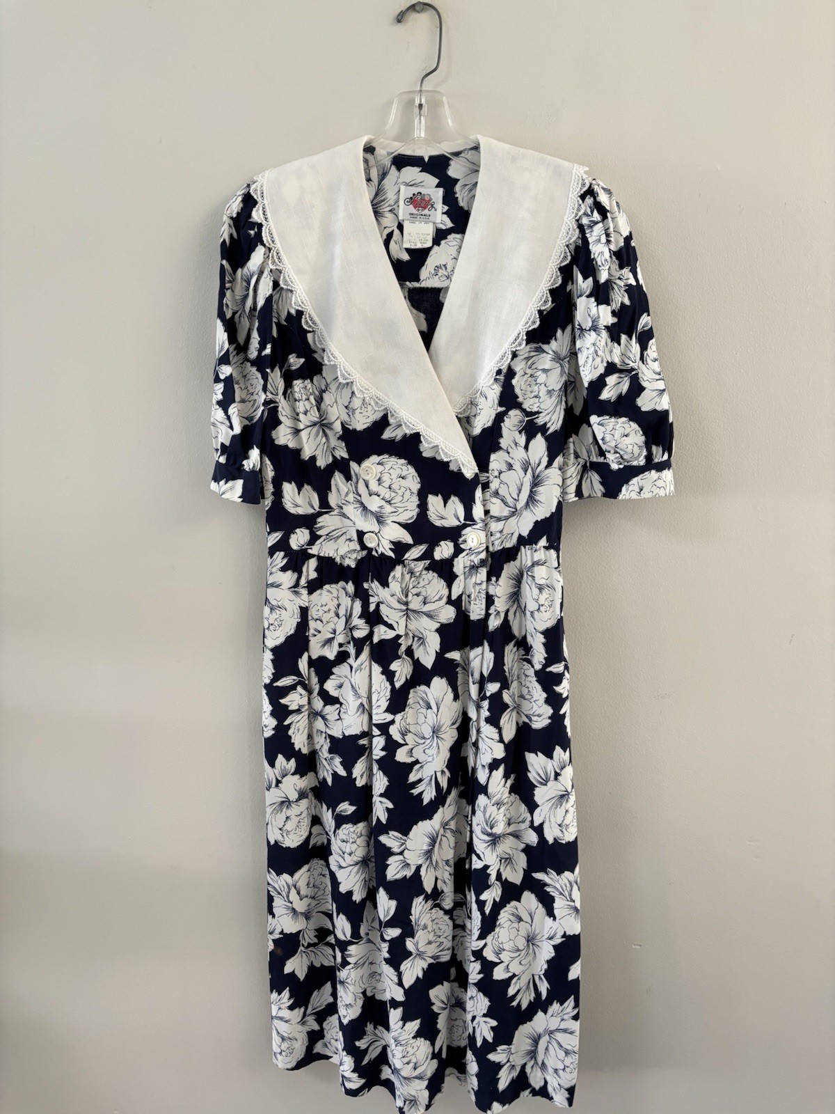 Vtg Lanz Original Dress 8 Midi ‘70s Navy Cottage Core Garden Floral Modest USA