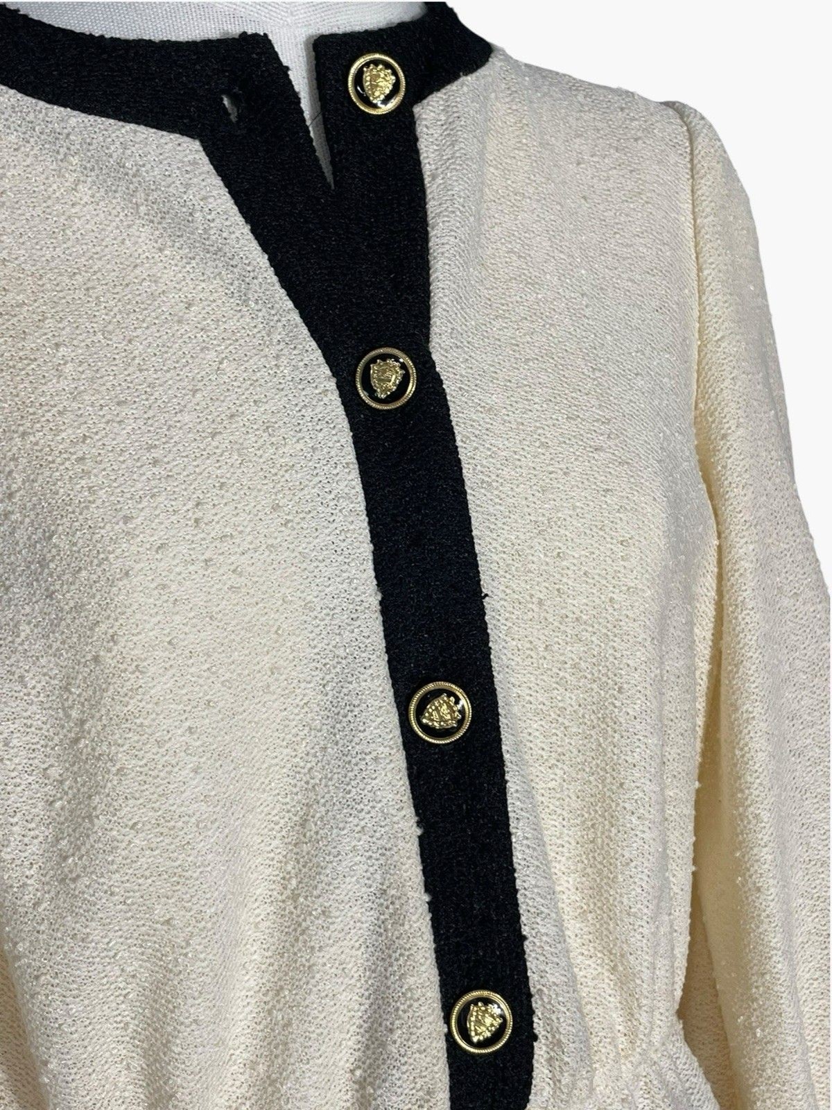 Vintage 80s Cream Textured Dress Black Trim Gold Buttons Midi Preppy Women 8