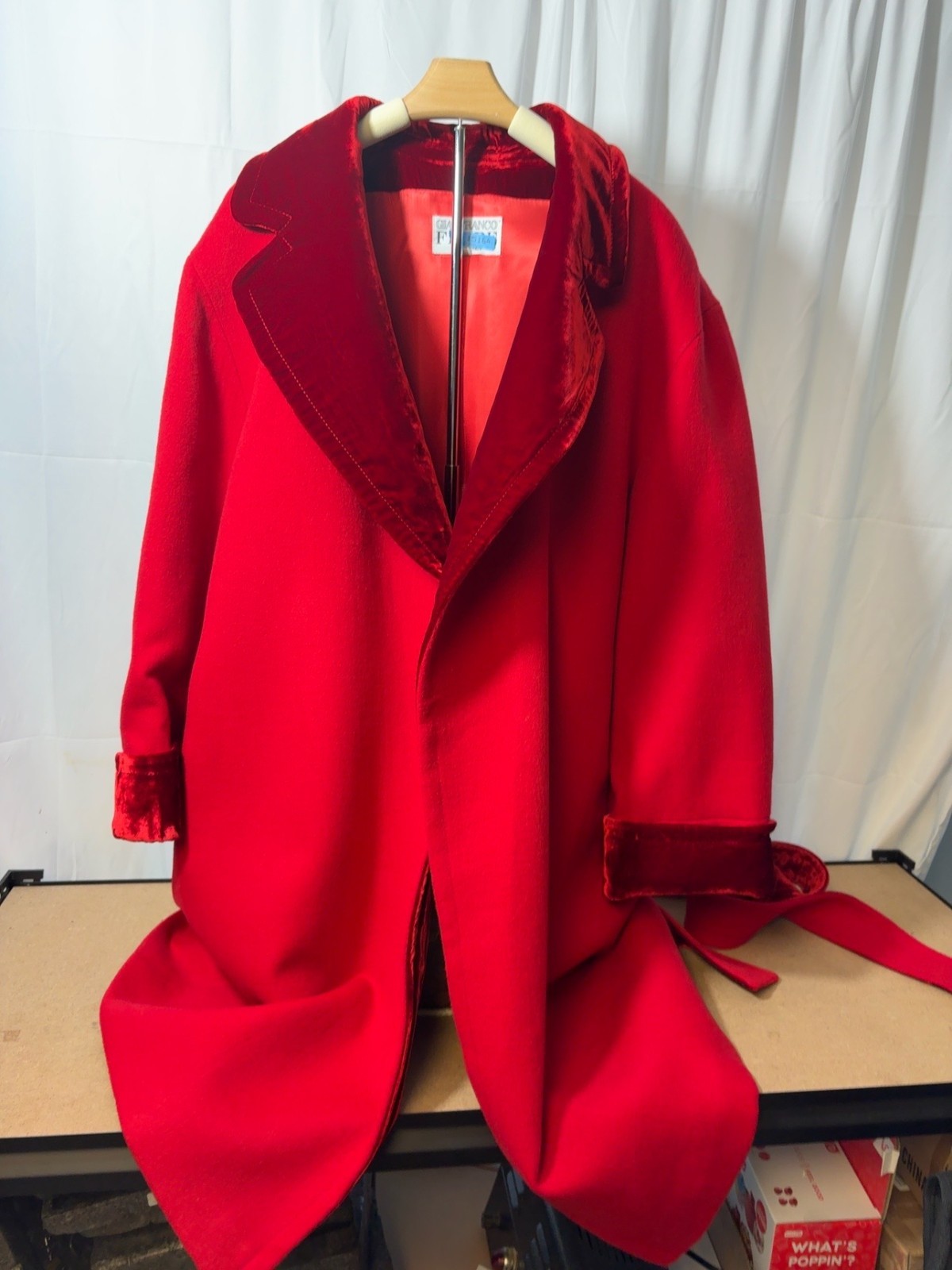 Vntg Gianfranco Ferré Red Virgin Wool Silk Velvet Belted Coat Made Italy size 44