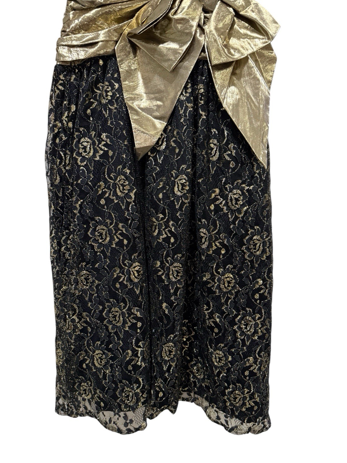 Vintage Glenrob Black Lace Gold Metallic 1980s Party Cocktail Dress Bow Size 5/6
