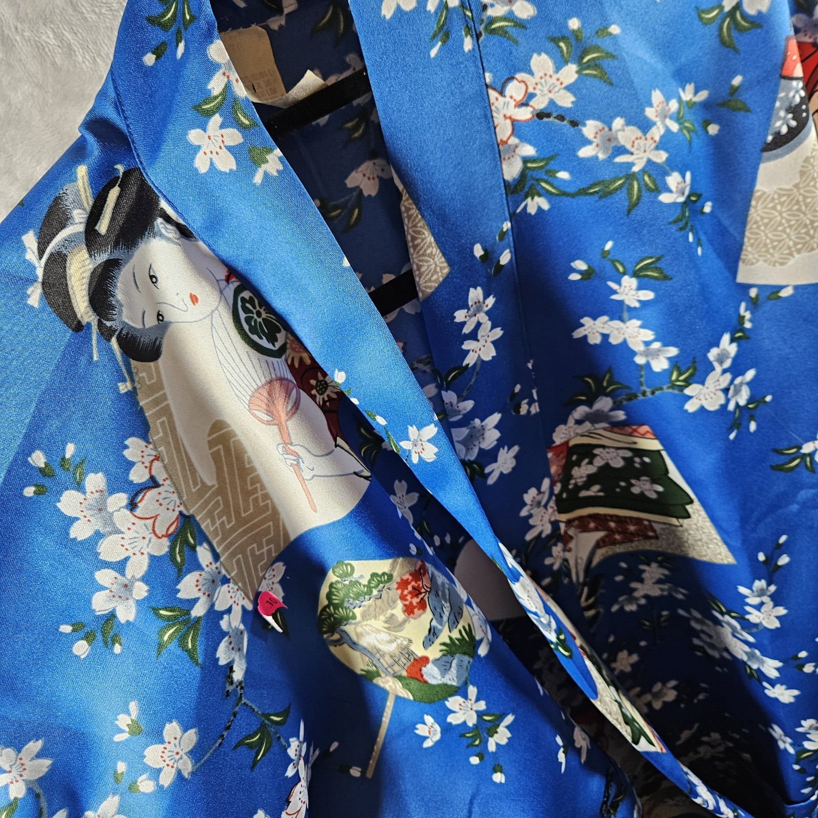 Vintage Kimono Robe Womens M Satin Royal Blue Japanese Style Geisha Artsy