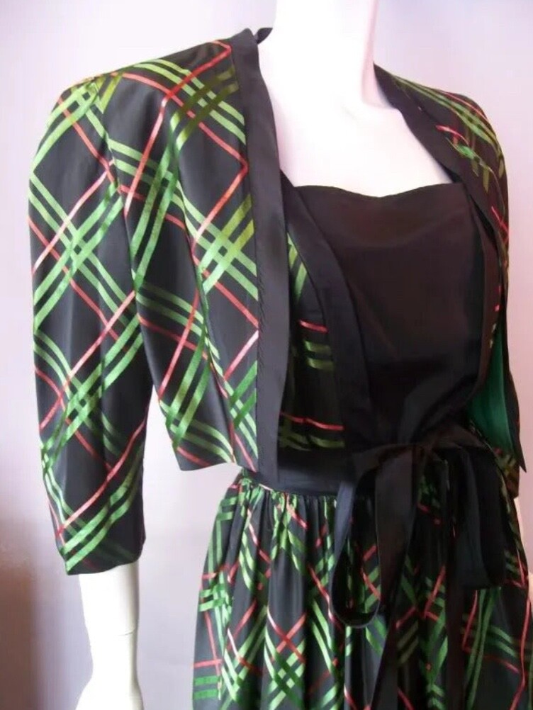 True Vintage Pat Premo 1940s Plaid Taffeta Dress and Jacket Set