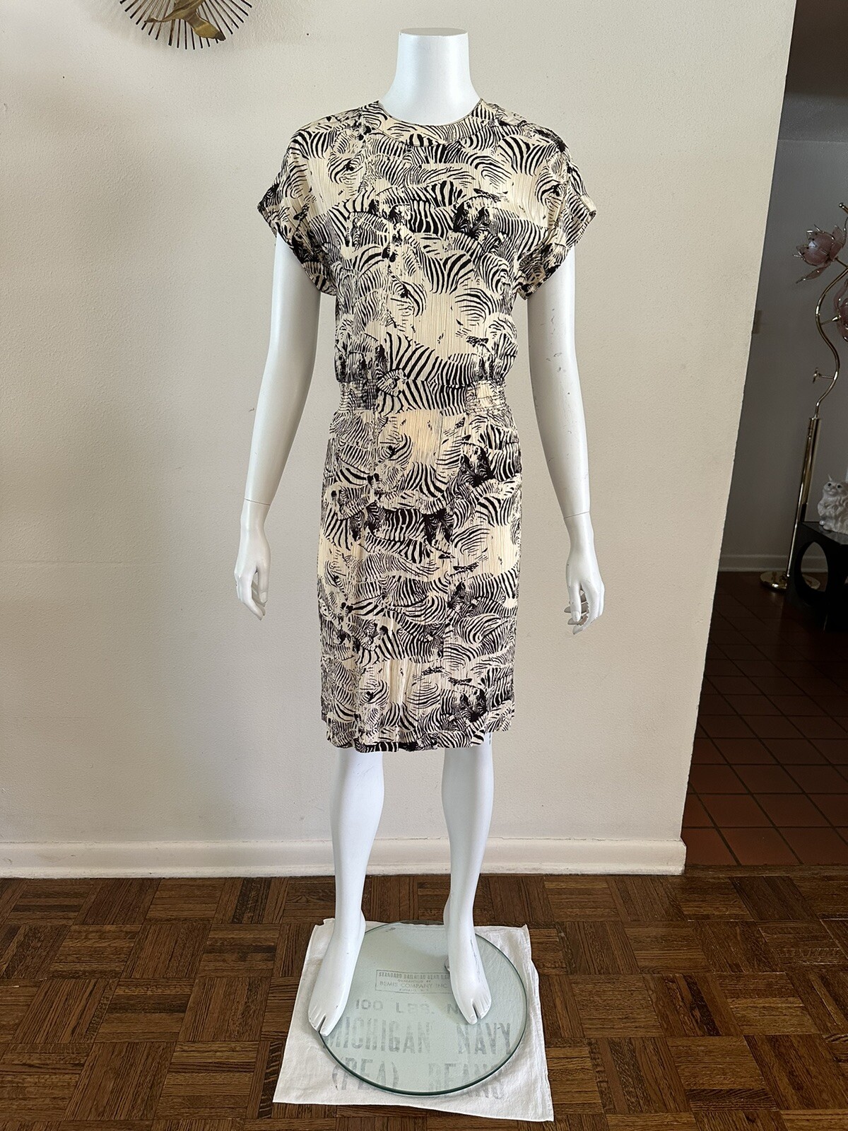 1980s Liz Claiborne Dresses Petites Crinkle Rayon Dress Zebra Print Safari 6 VTG