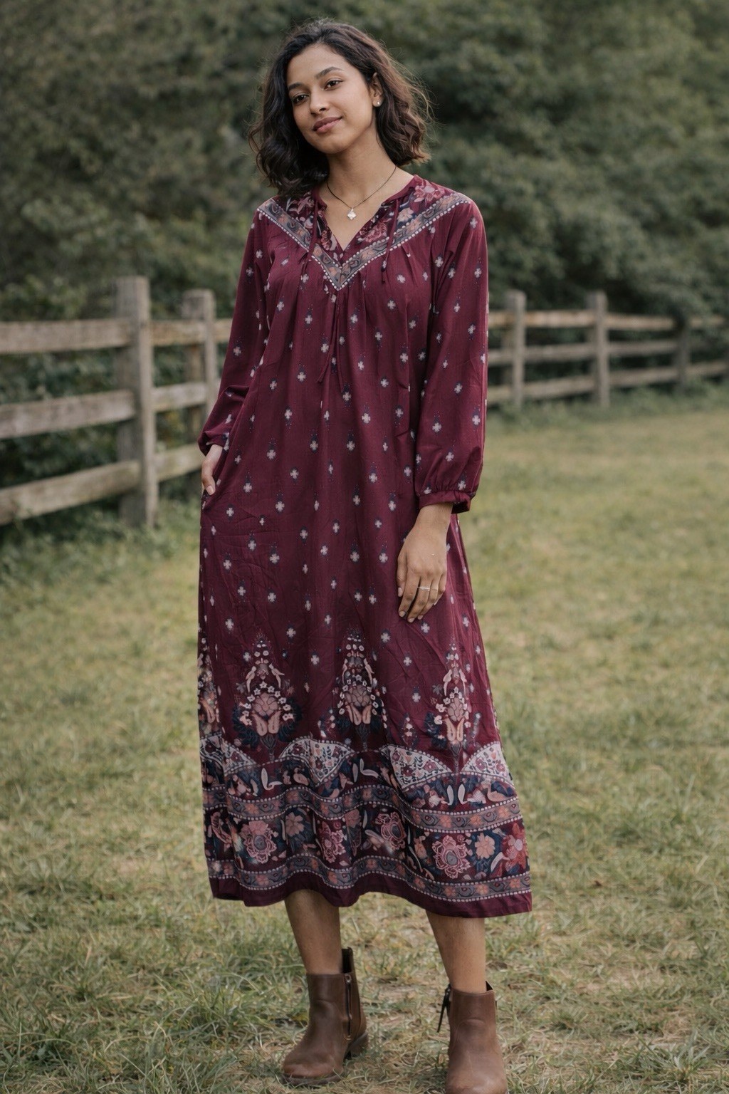 Vintage VEB Pirnetta Pirna Kaftan Dress Maroon Boho Paisley GDR Midi Sz M/L