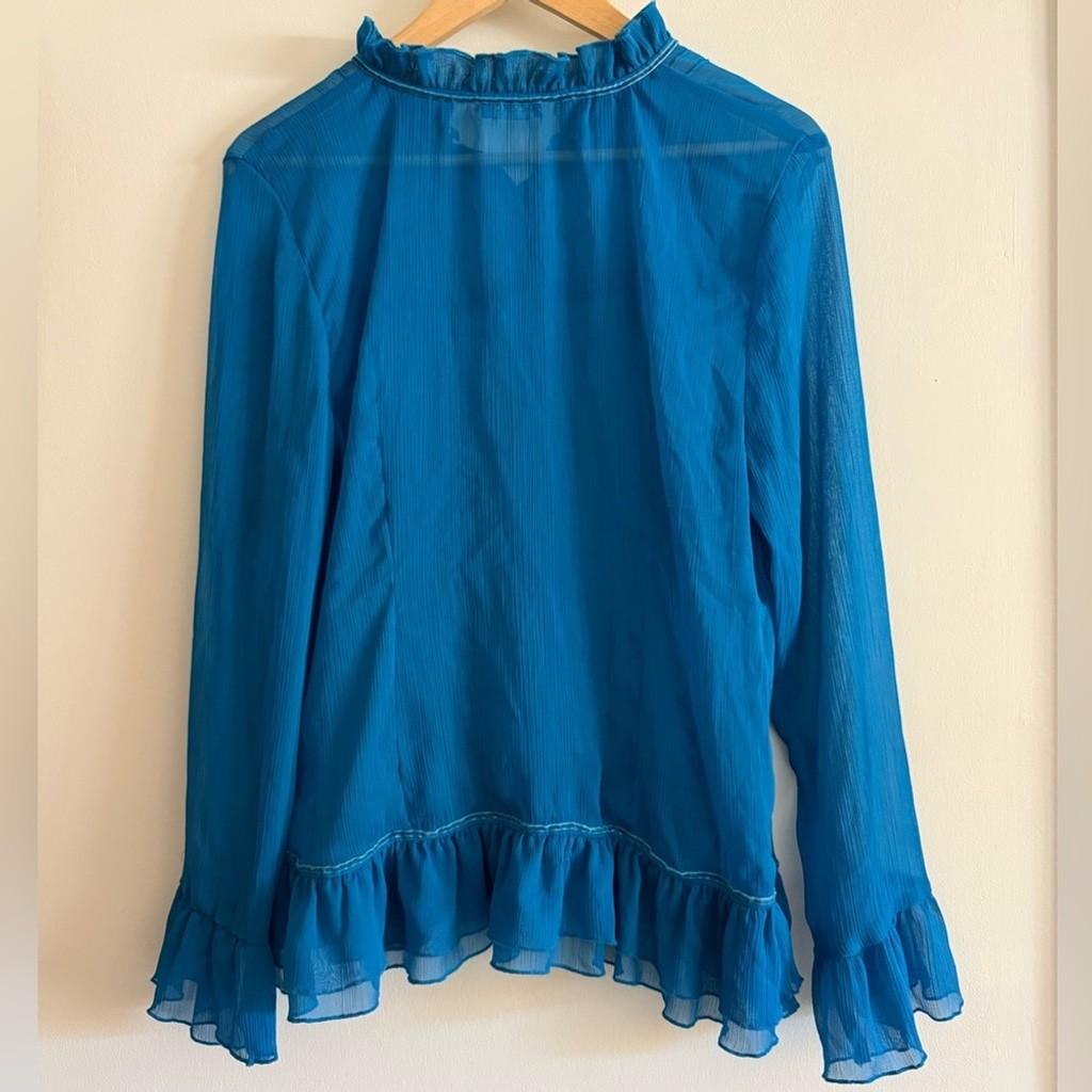Vintage Teal Blue Sheer Ruffle Blouse Victorian Cottagecore Fairycore Whimsical