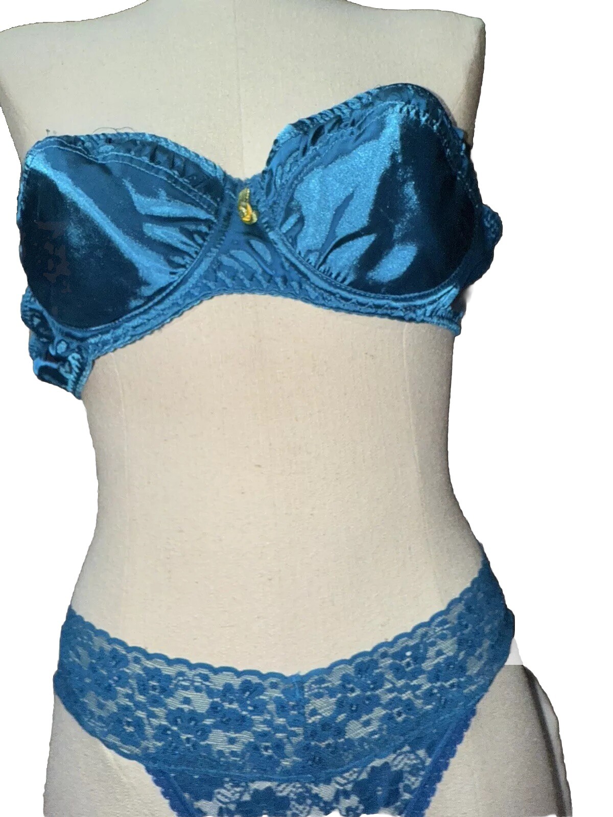 Vtg Set Bra Satin Padded UW Bikini Lace Panty Turquoise Peacock 🦚 Blue 34B XL