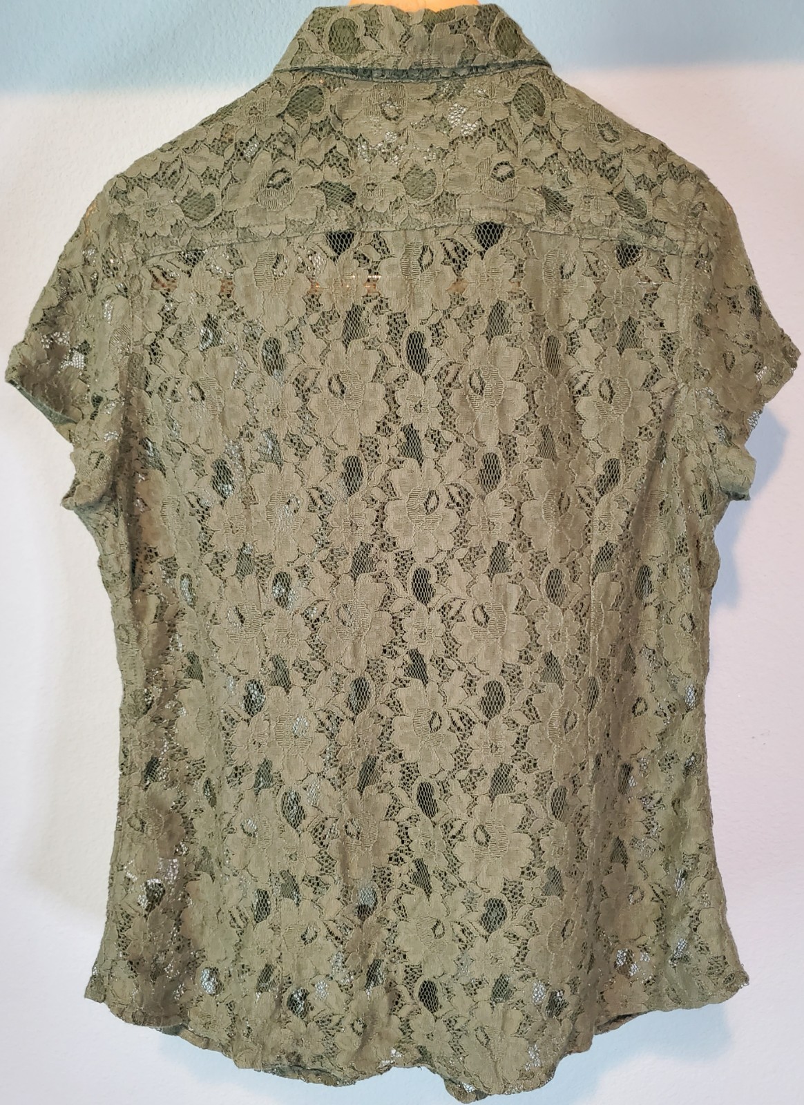 CATO Y2K Olive Green Floral Lace Button Up Shirt Womens XL Boho Goth