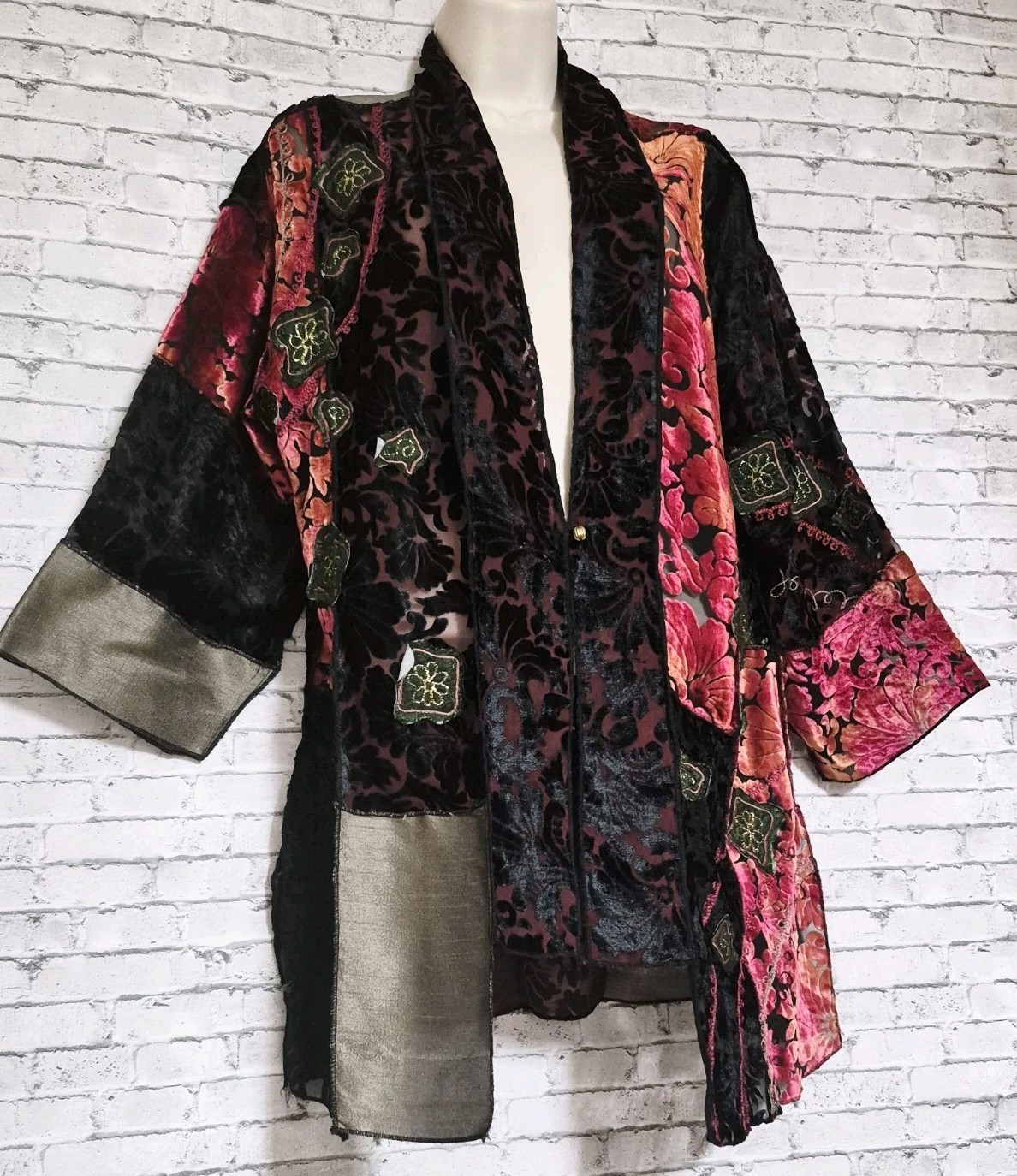 Vintage Alex Kim Womens M Black Velvet Burnout Patchwork Embroidered Art To Wear