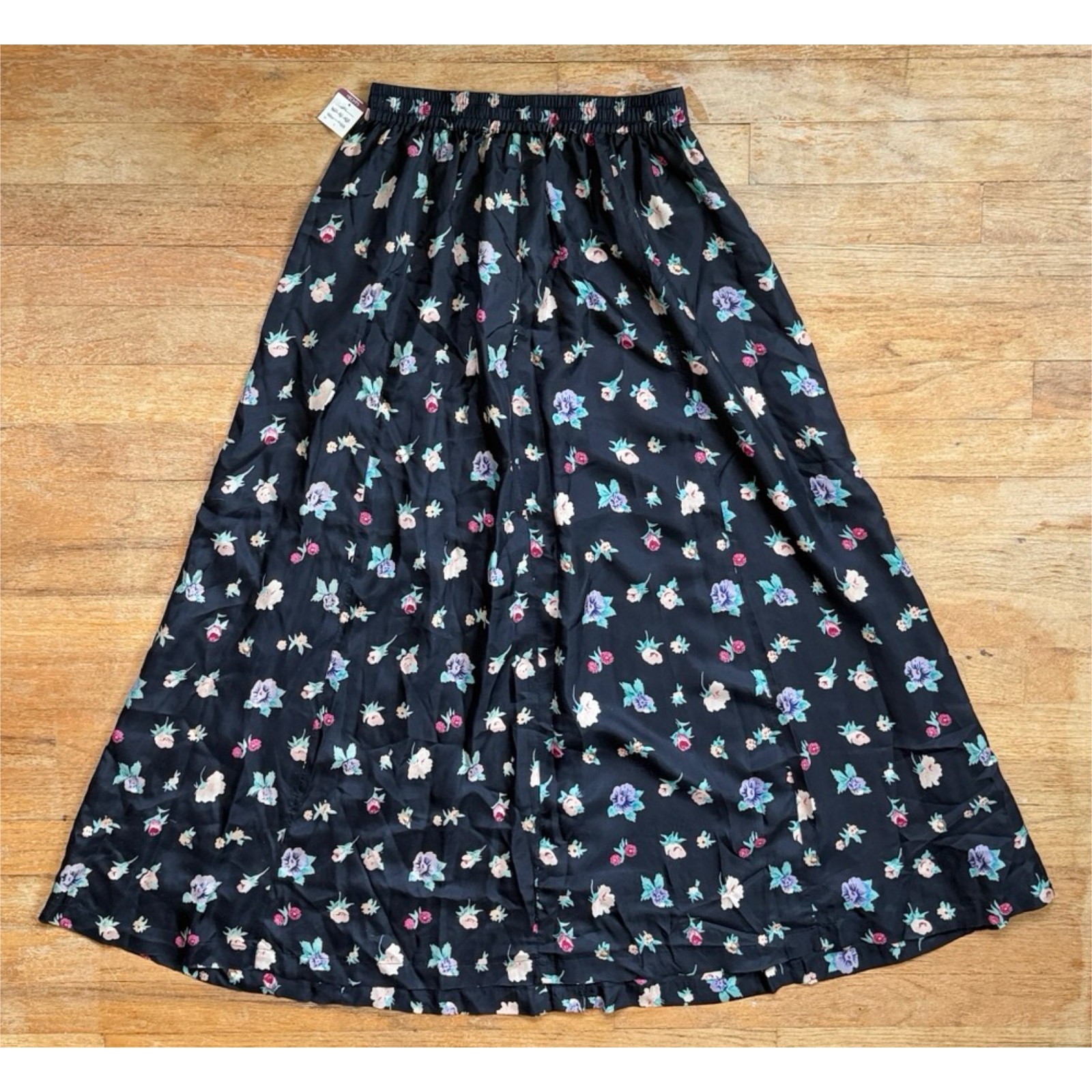 Vintage 100% Silk Floral Skirt Top Set Size Small Black Two Piece Midi Outfit