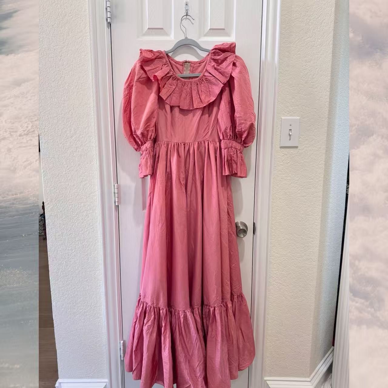 Vintage Pink Prairie Cottagecore Dress Ruffle Puff Sleeve Tiered Maxi Princessco