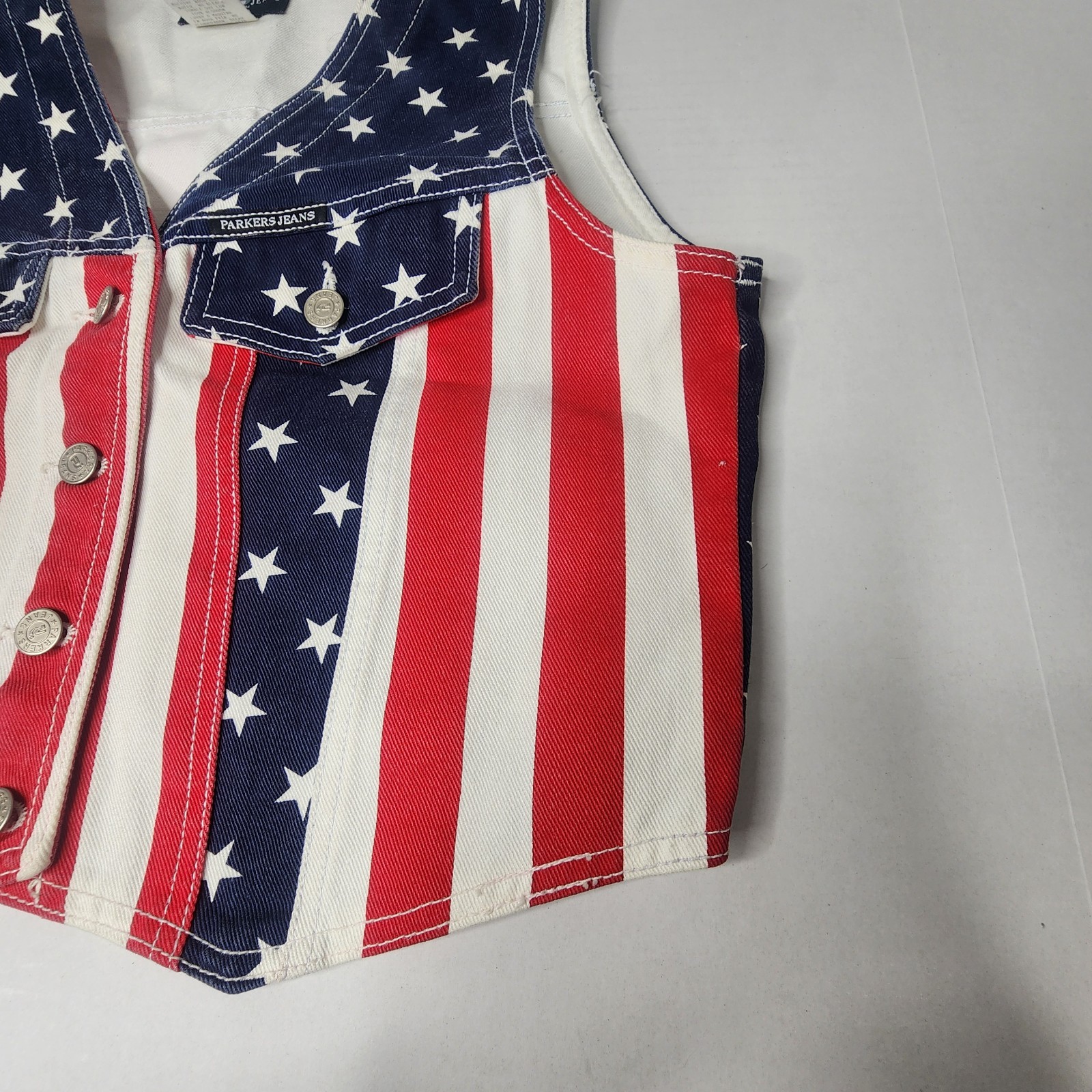Vintage Parkers Jeans American Flag Vest Womens Large Denim Made in USA Button